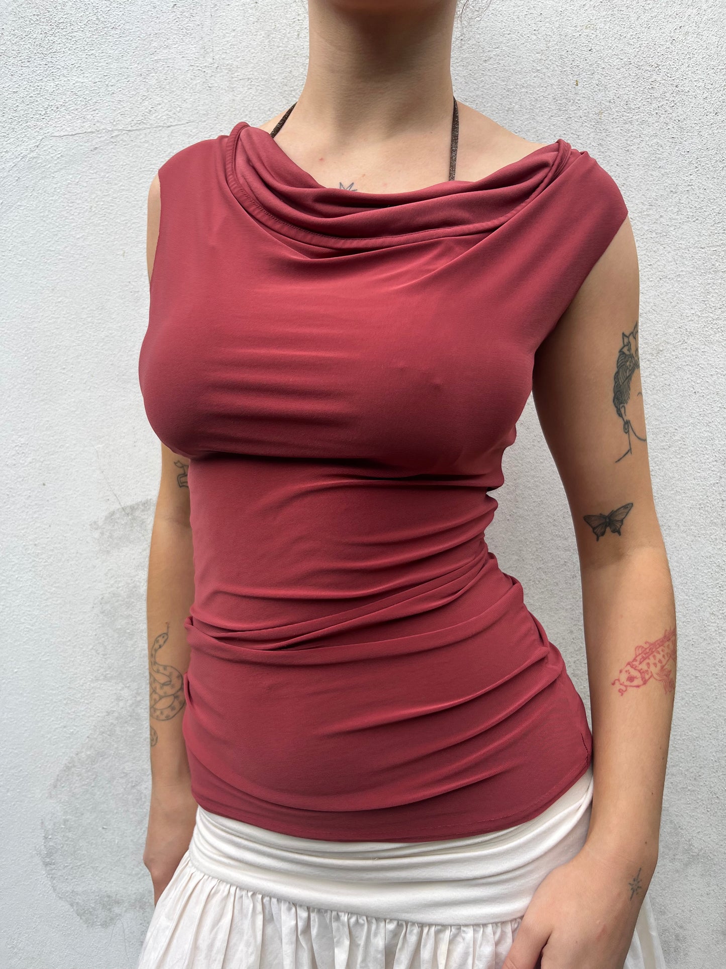 burnt orange cowl neck top