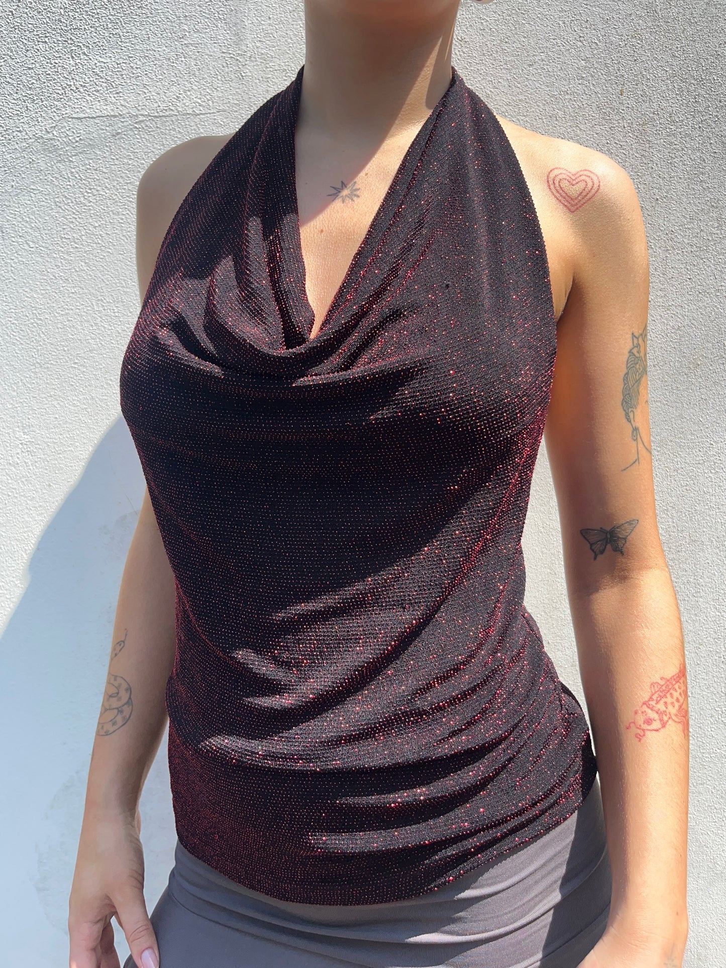 sparkly red cowl neck