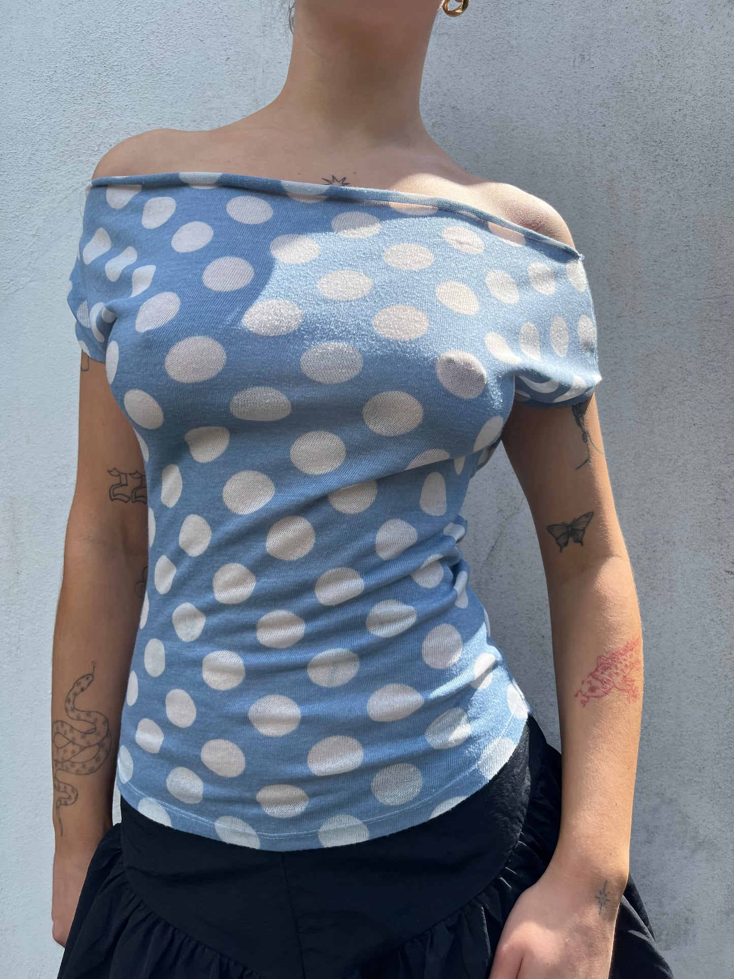 polka dot off the shoulder top in blue