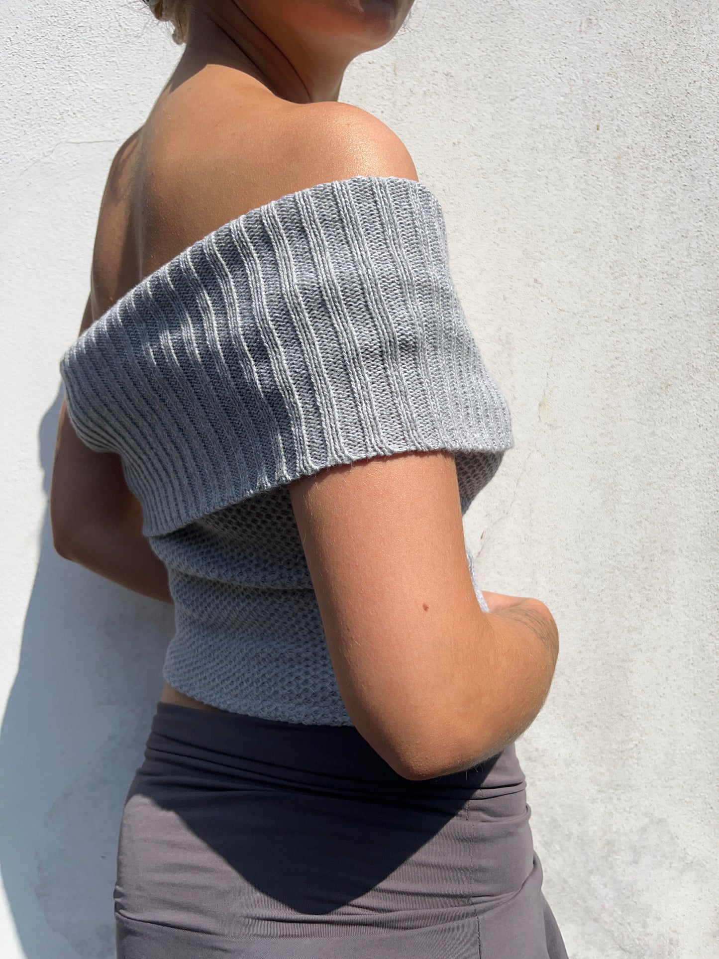 grey knit off the shoulder top