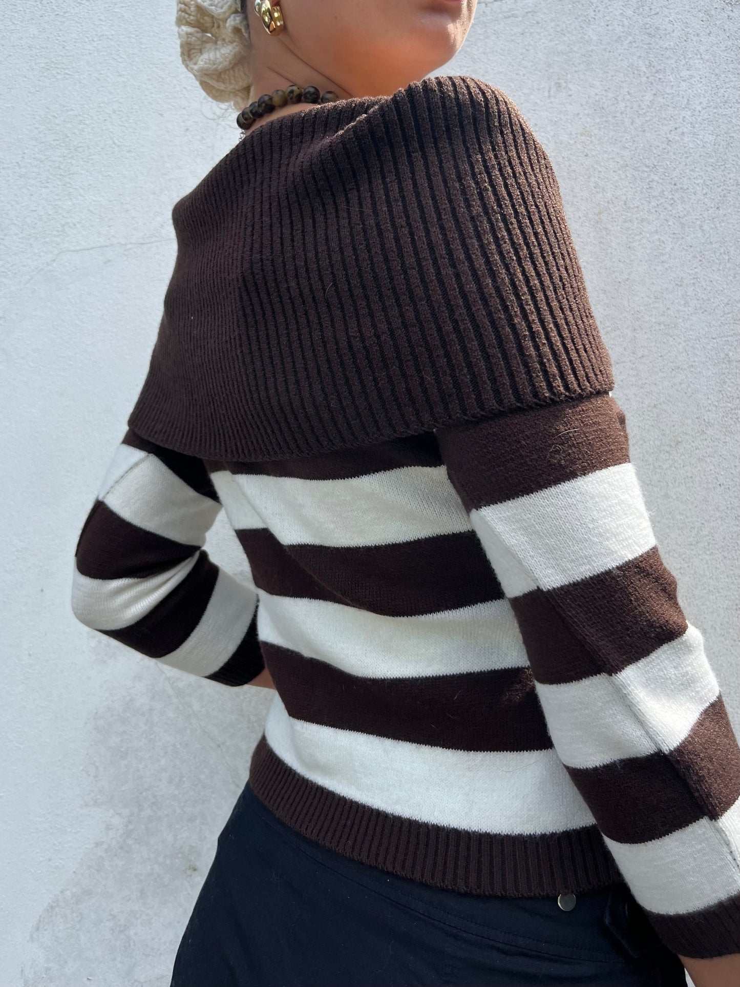 brown and white stripy jumper