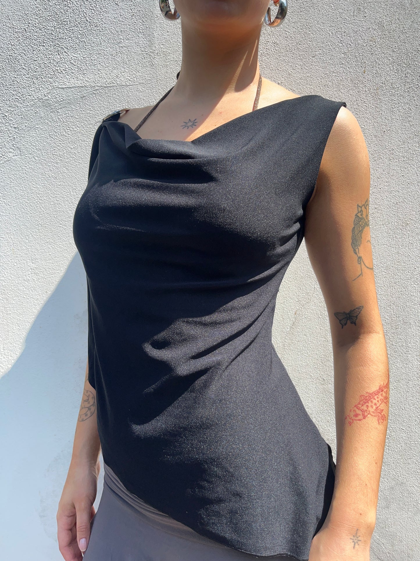 black asymmetric cowl neck