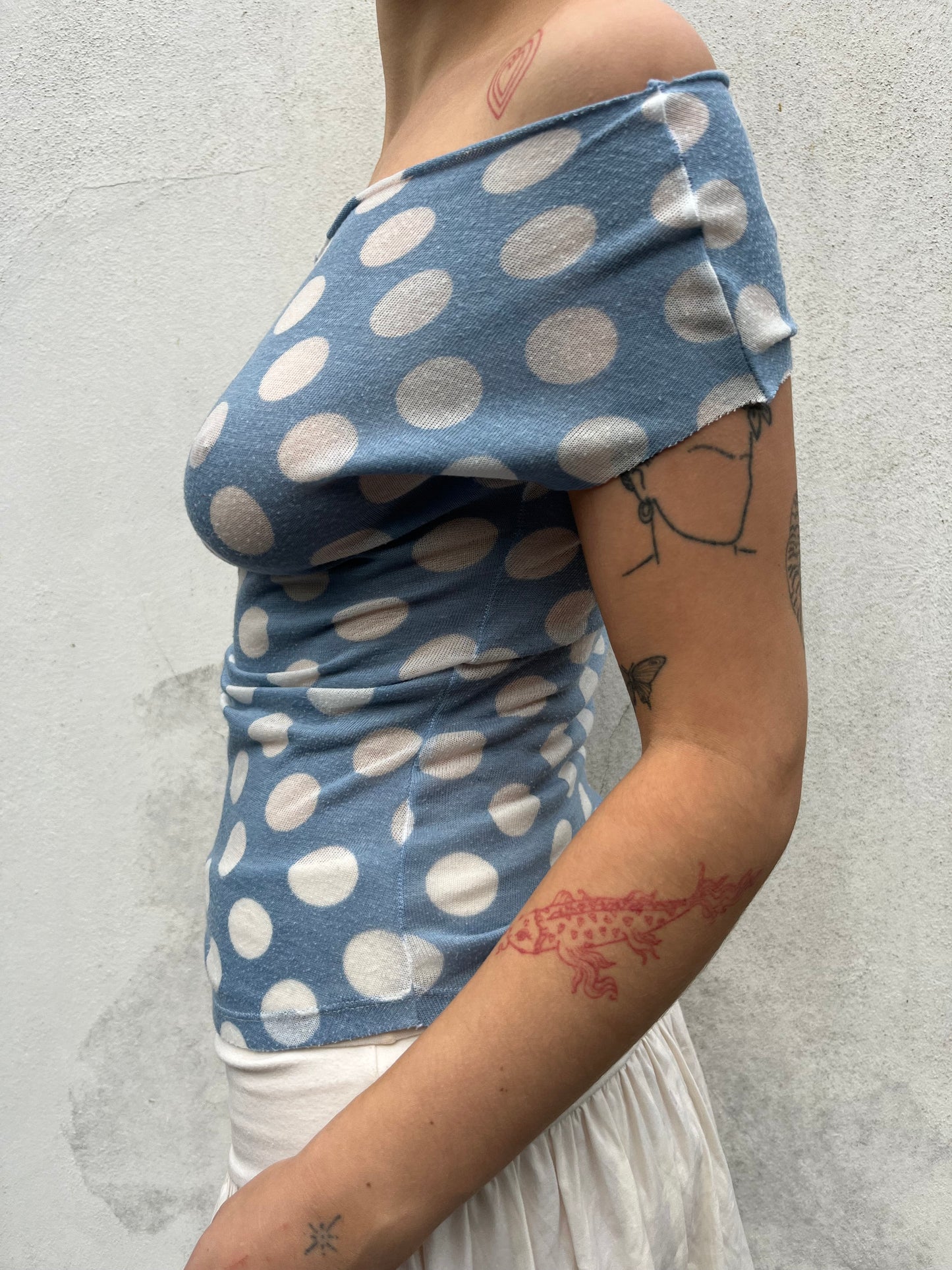 polka dot off the shoulder top in blue