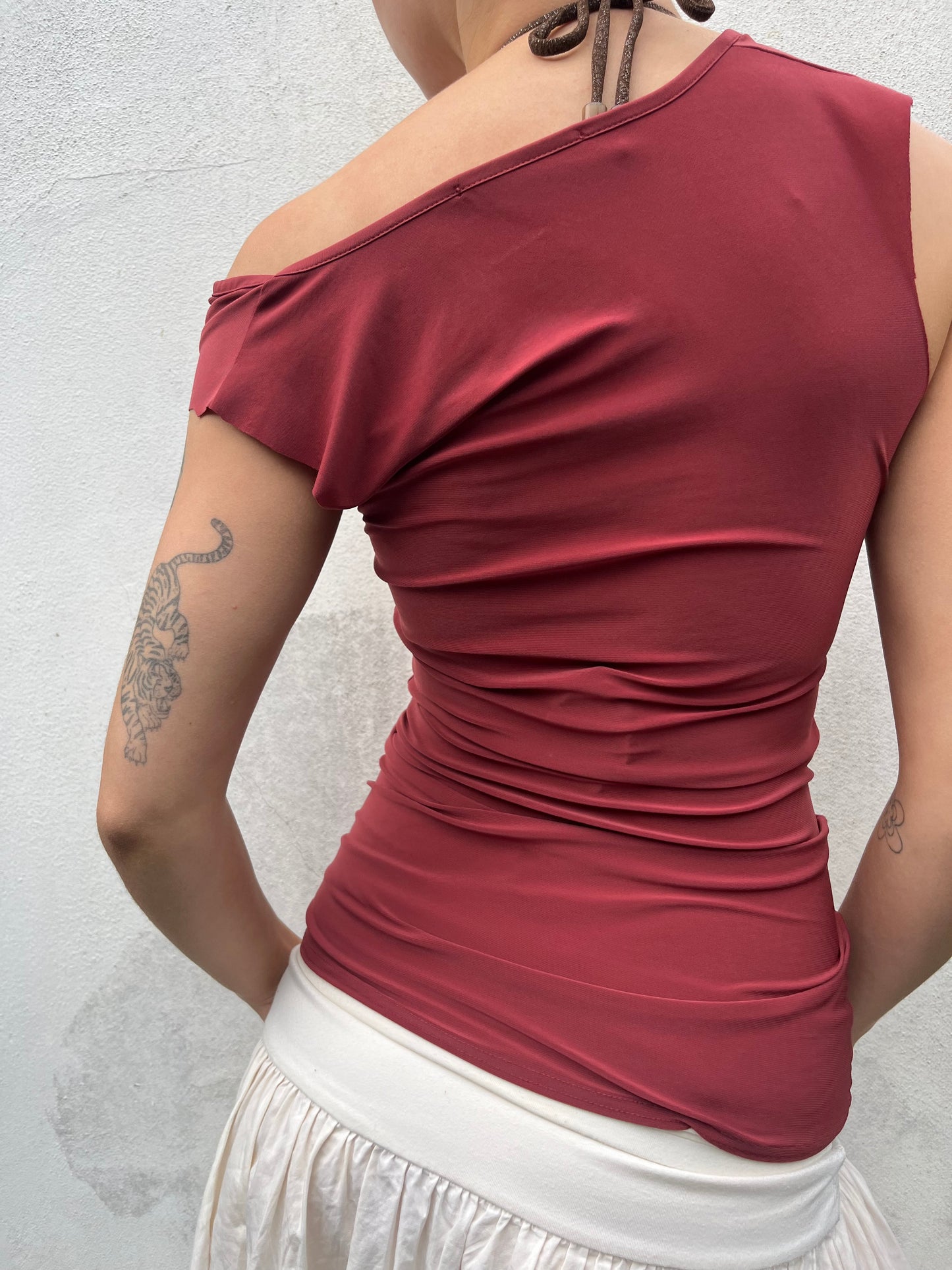 burnt orange cowl neck top