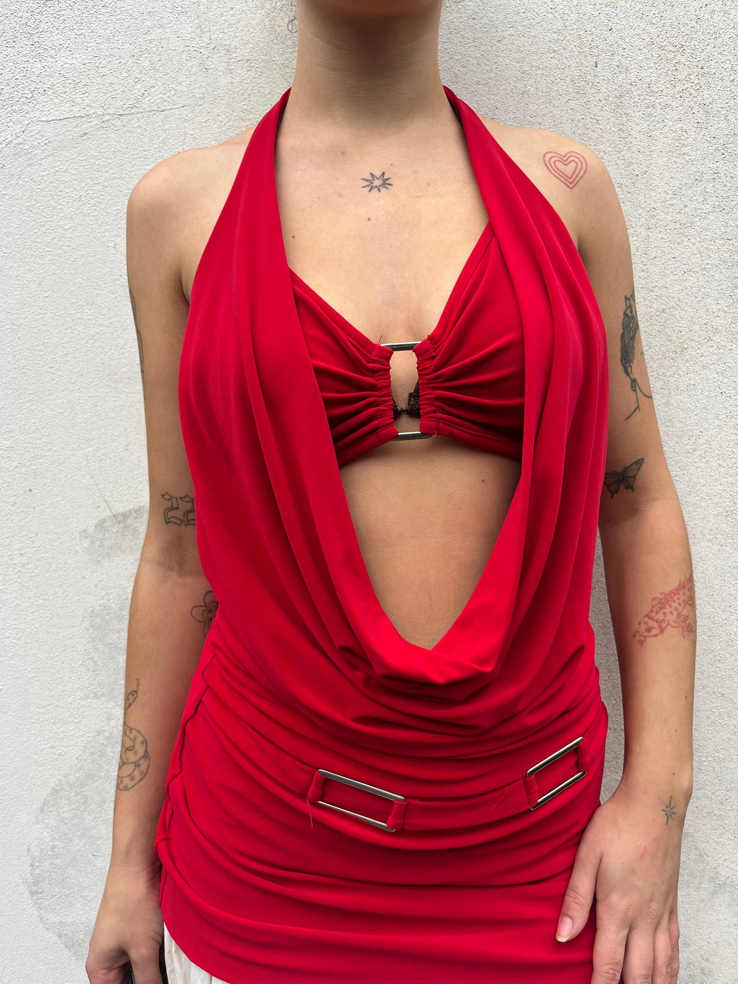 red cowl neck top