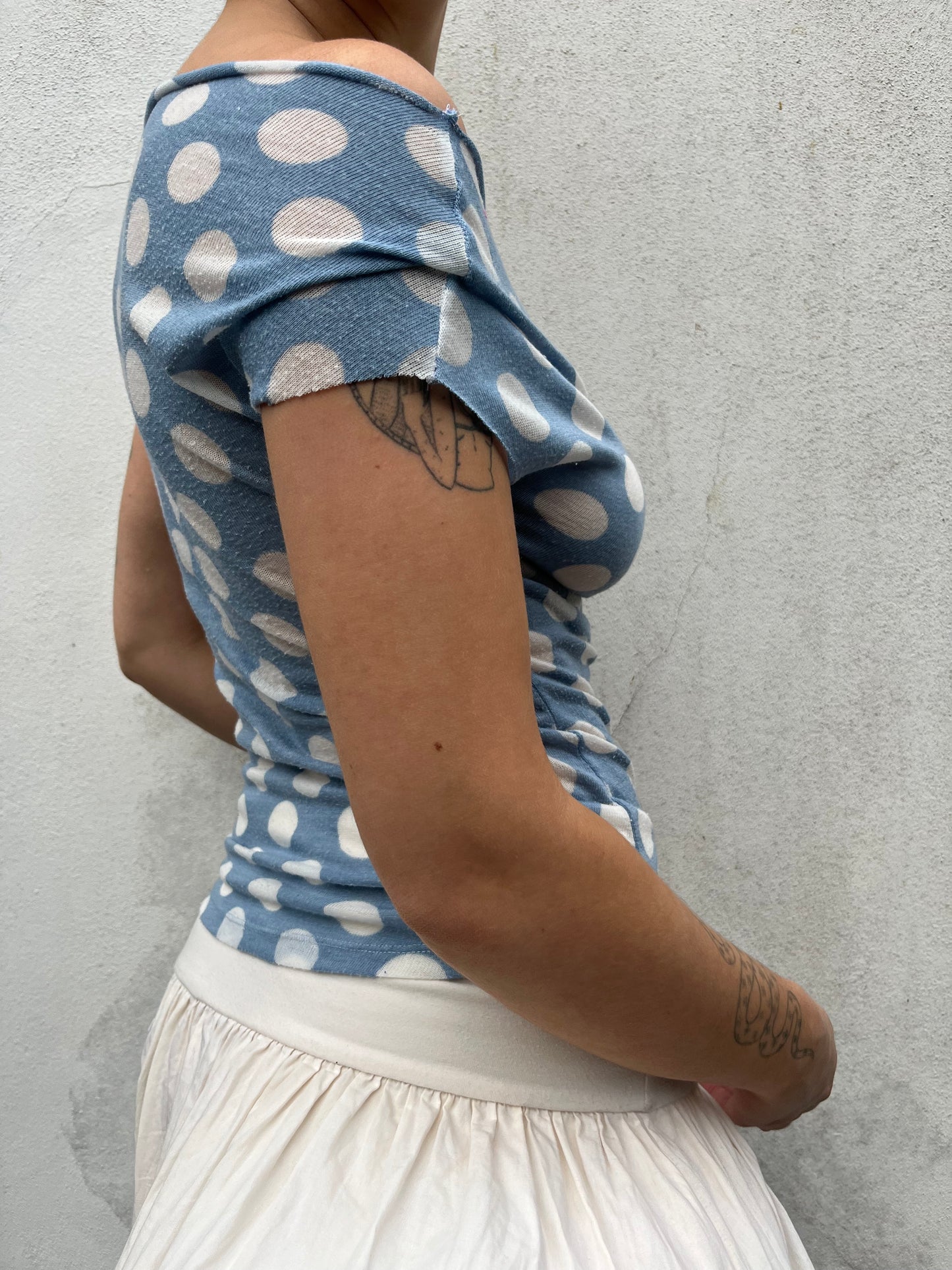 polka dot off the shoulder top in blue