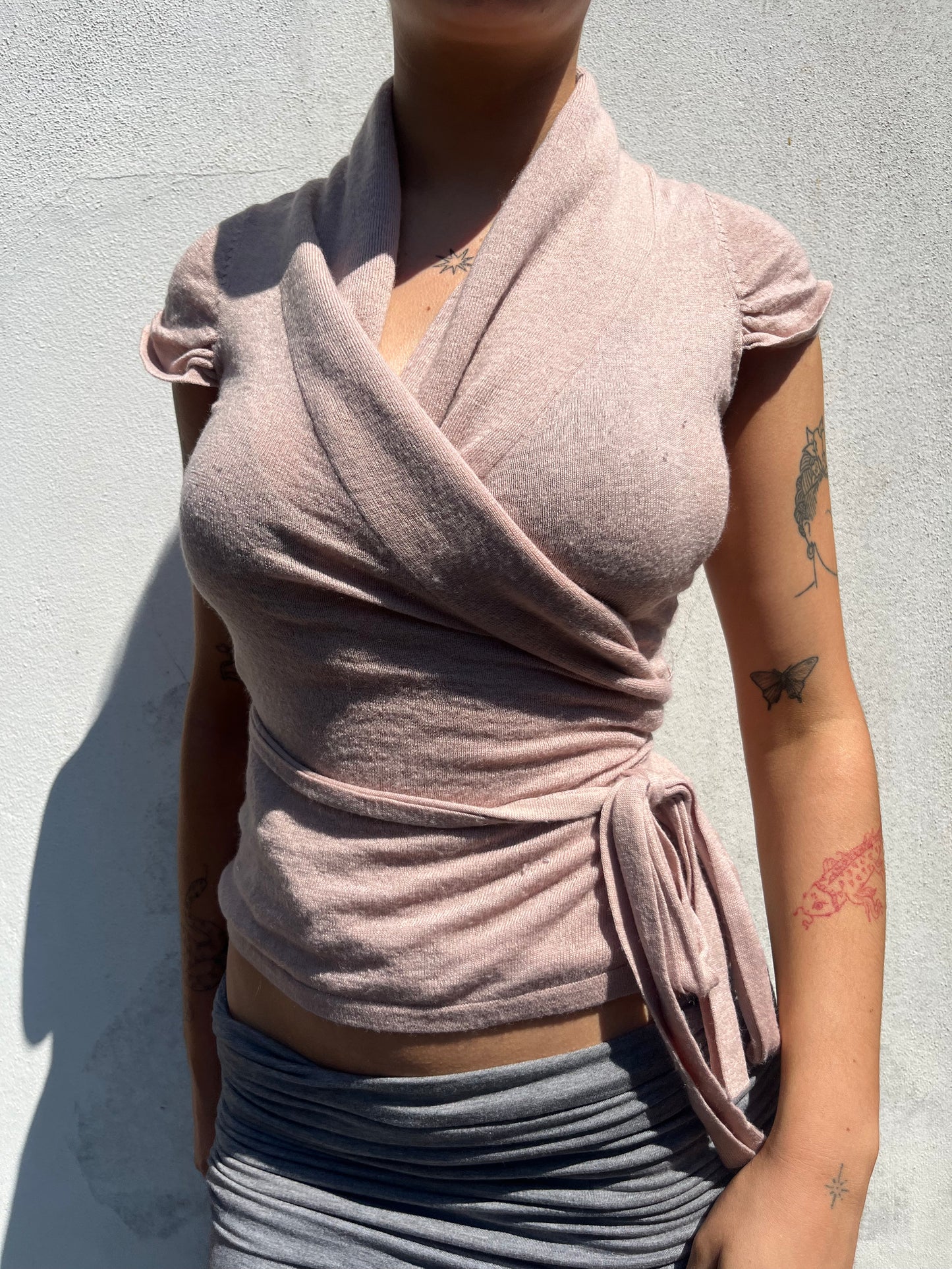 pink wrap knit top