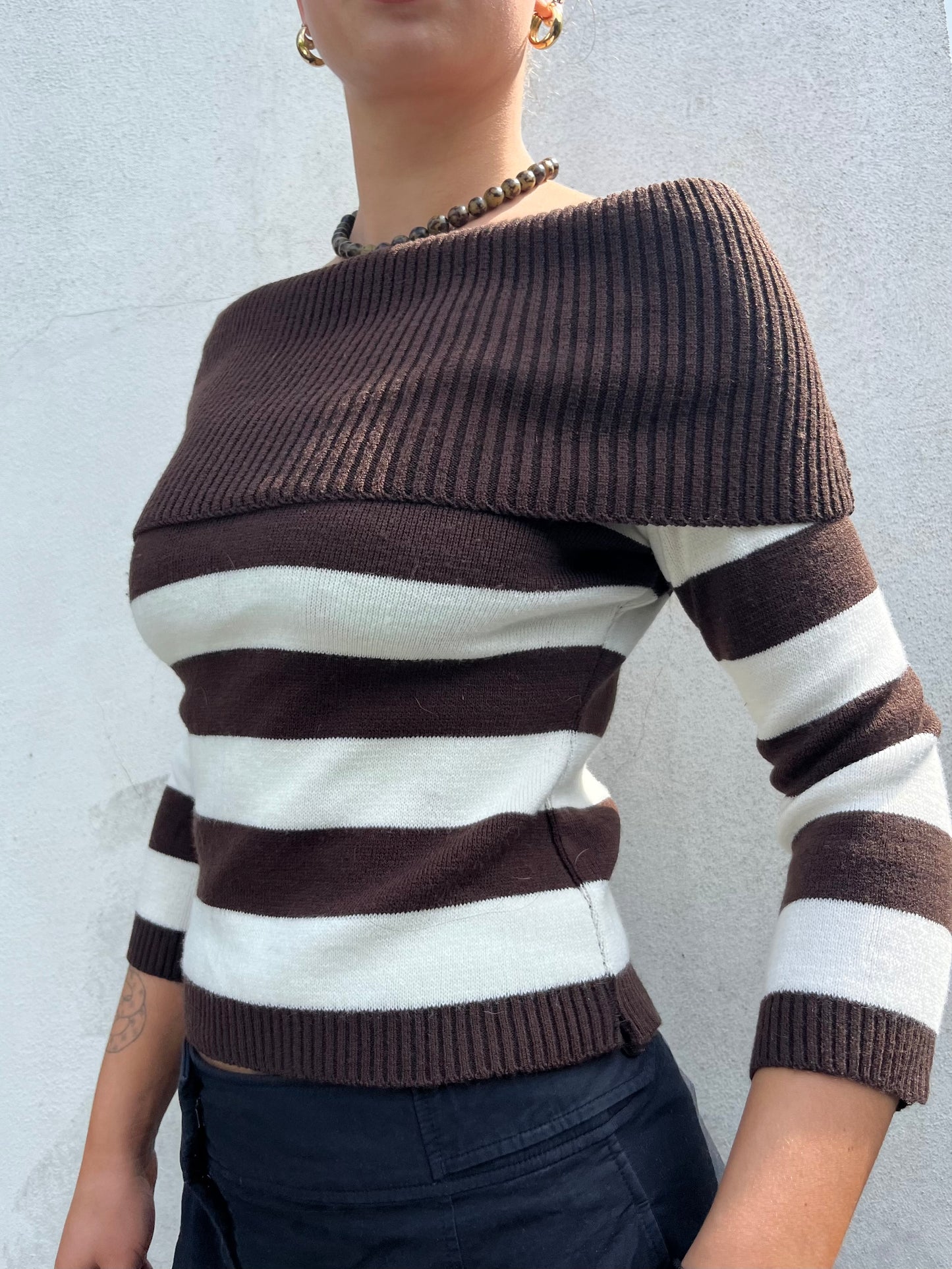 brown and white stripy jumper