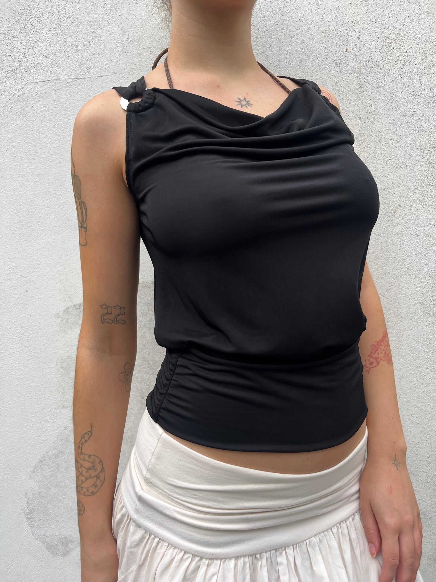 black cowl neck top