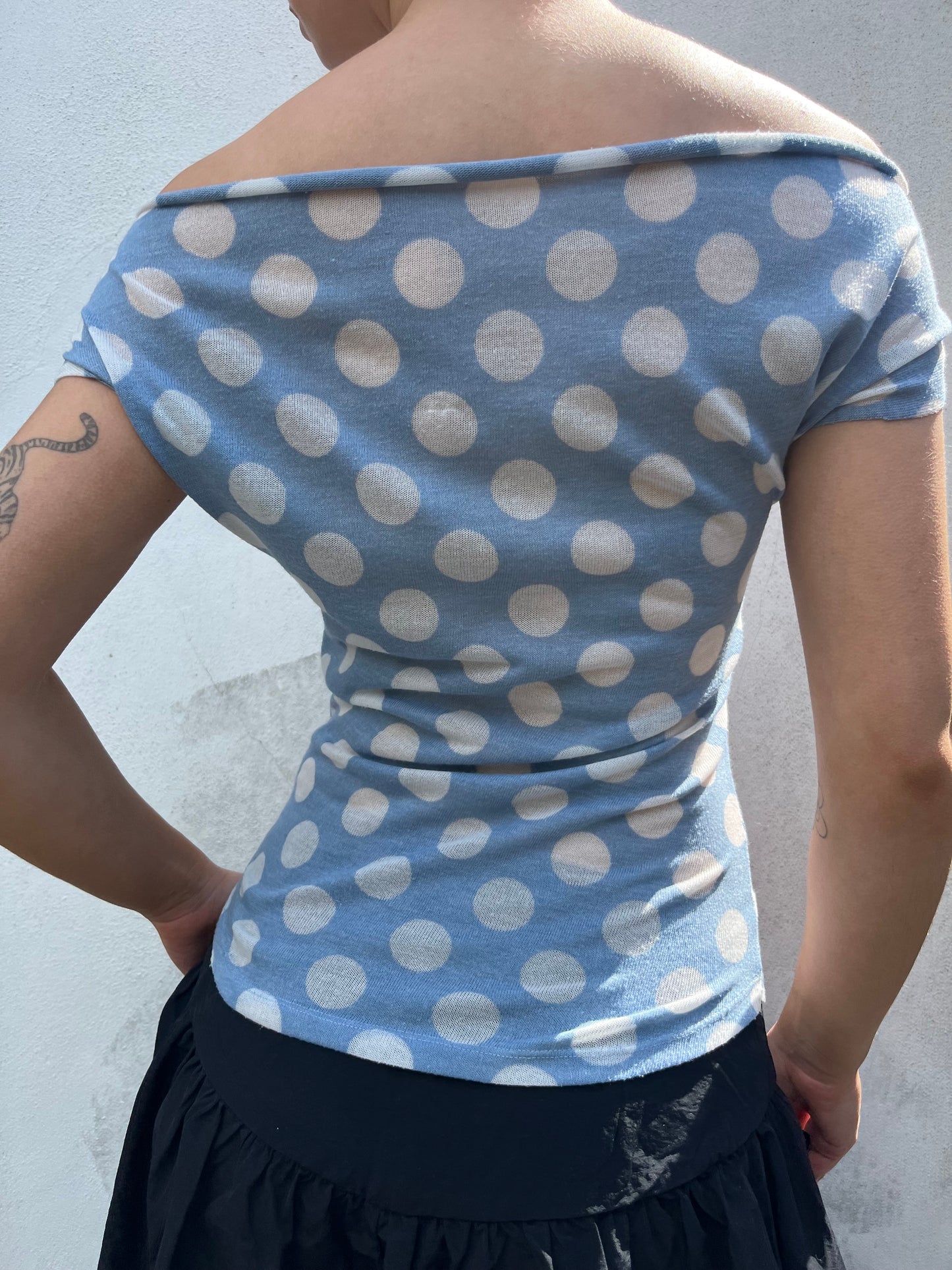 polka dot off the shoulder top in blue