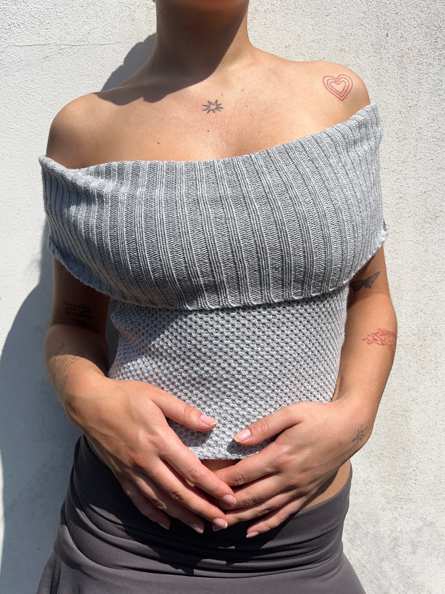 grey knit off the shoulder top