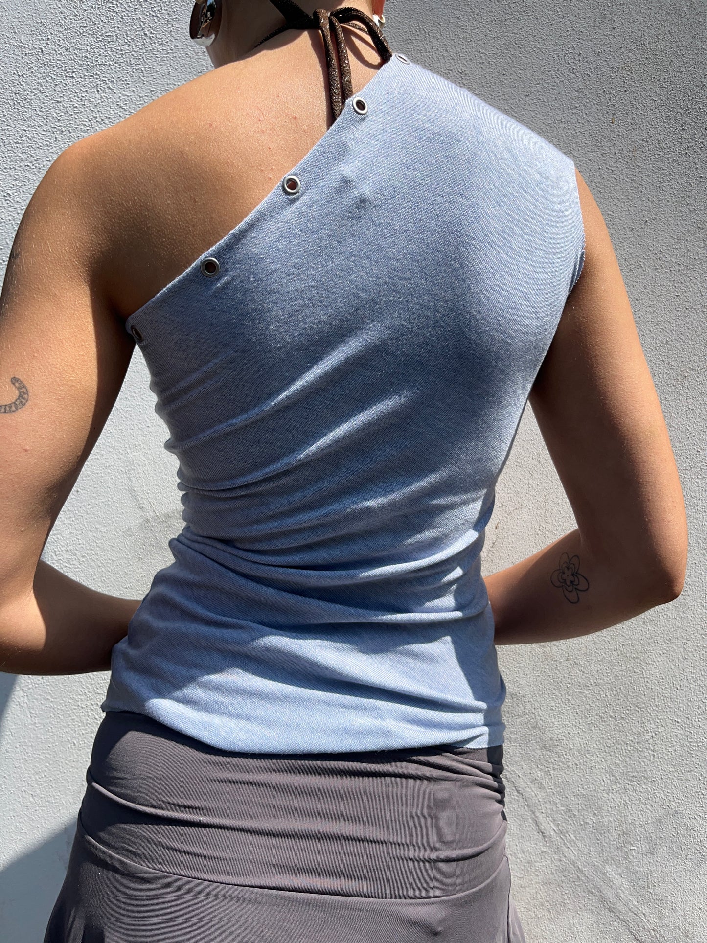 blue eyelet one shoulder top