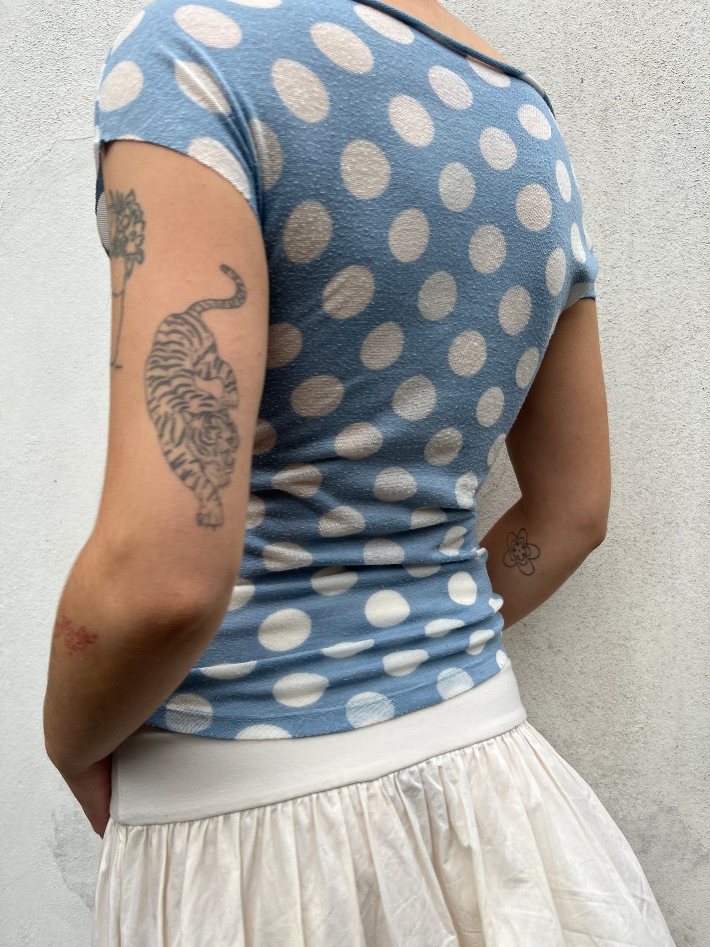 polka dot off the shoulder top in blue