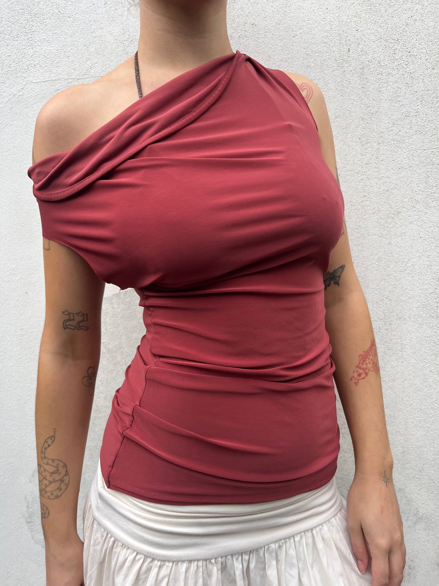 burnt orange cowl neck top