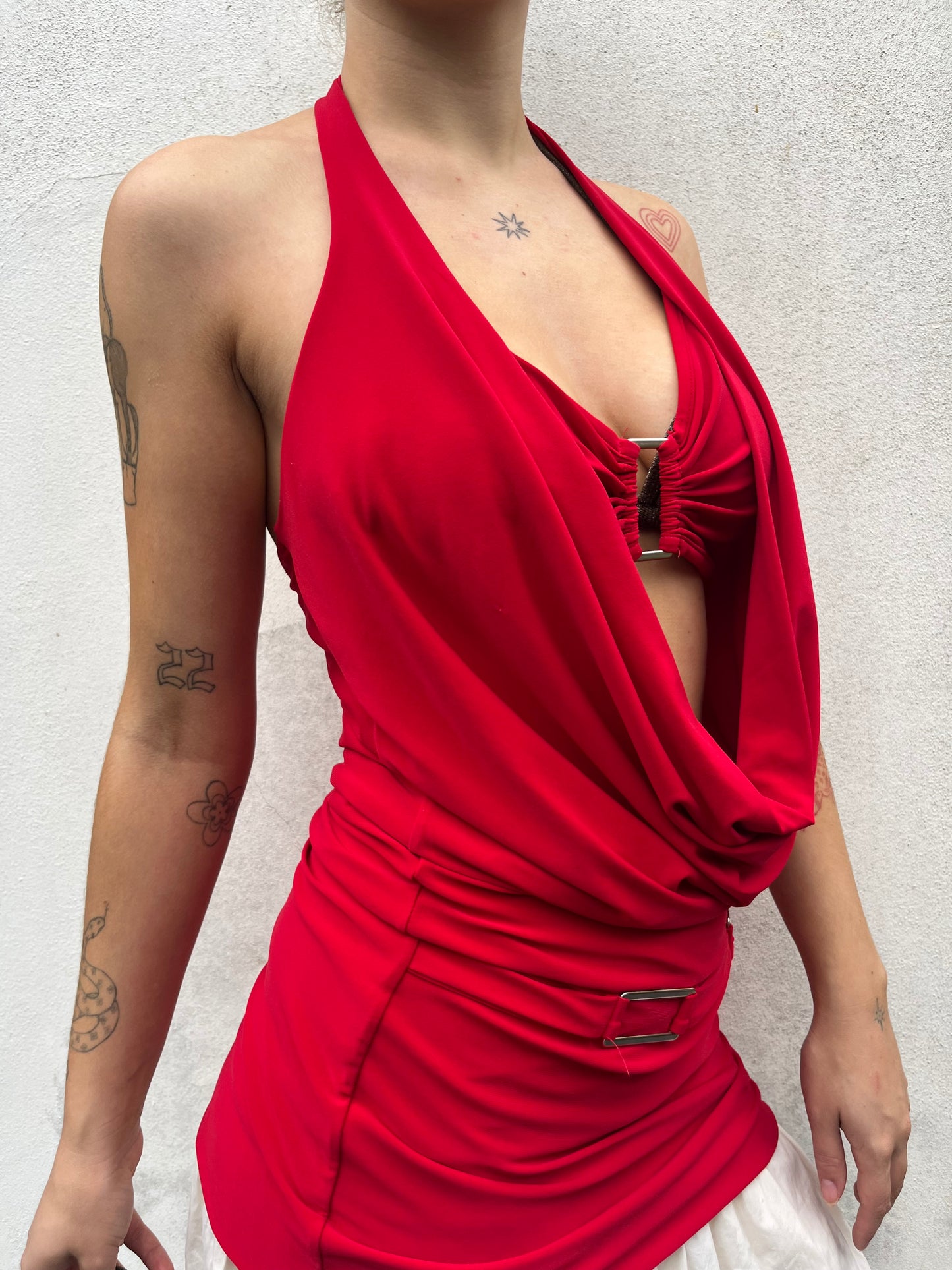 red cowl neck top