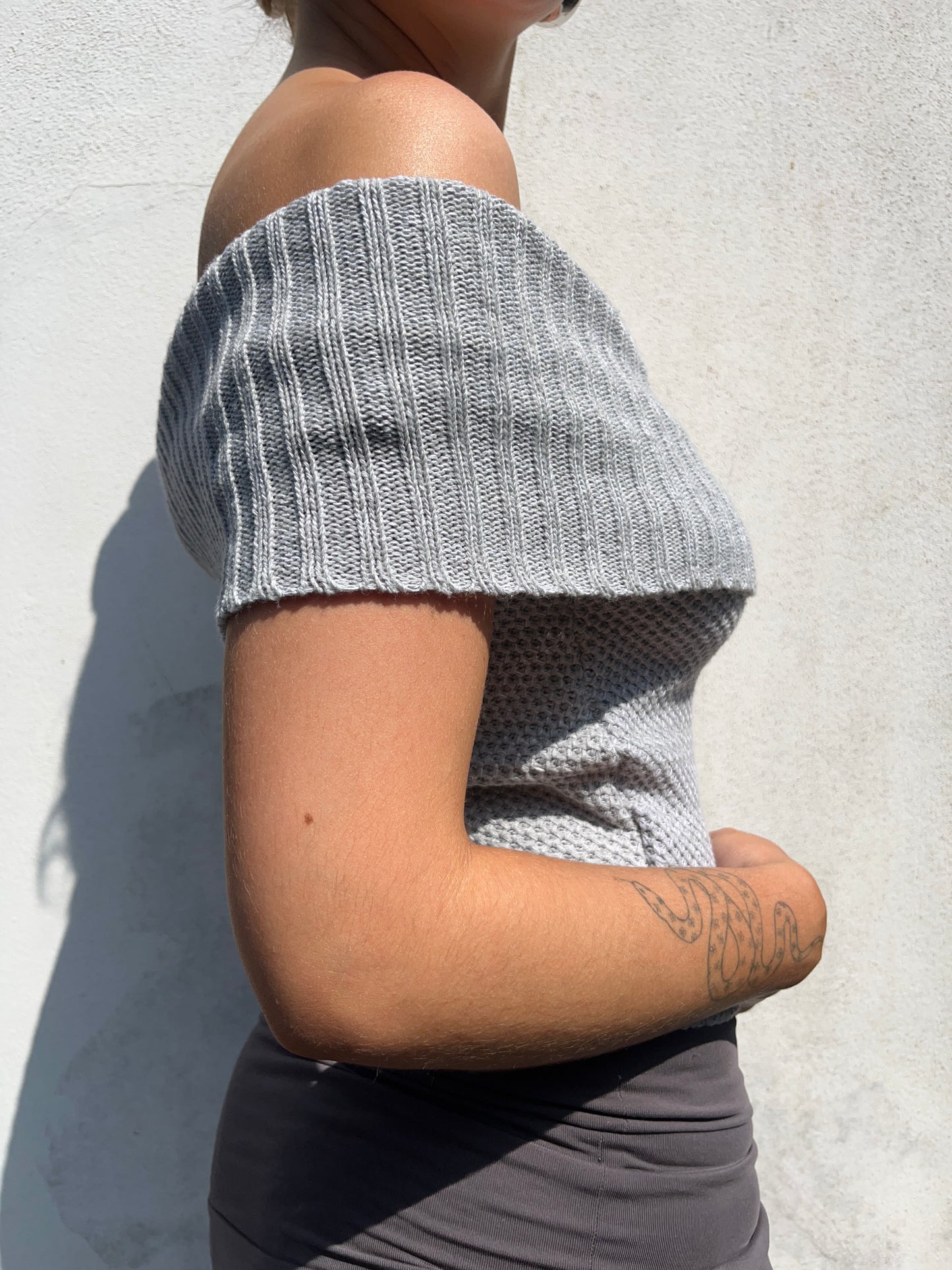 grey knit off the shoulder top