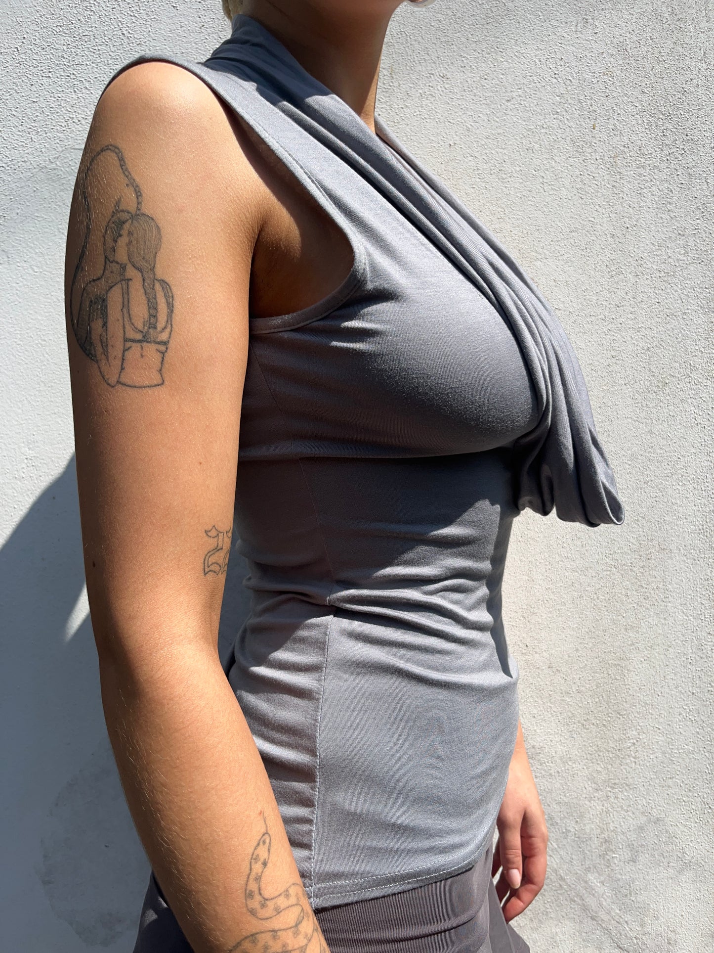 grey cowl neck top