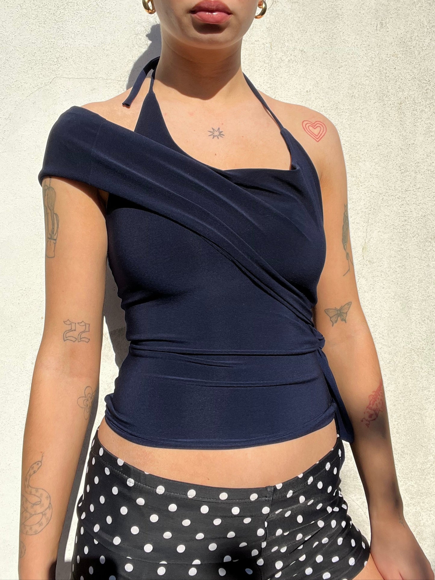 multi tie asymmetric top in navy