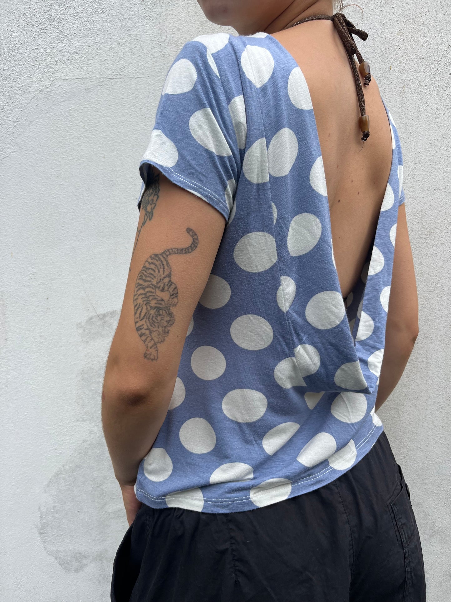 blue polka dot top