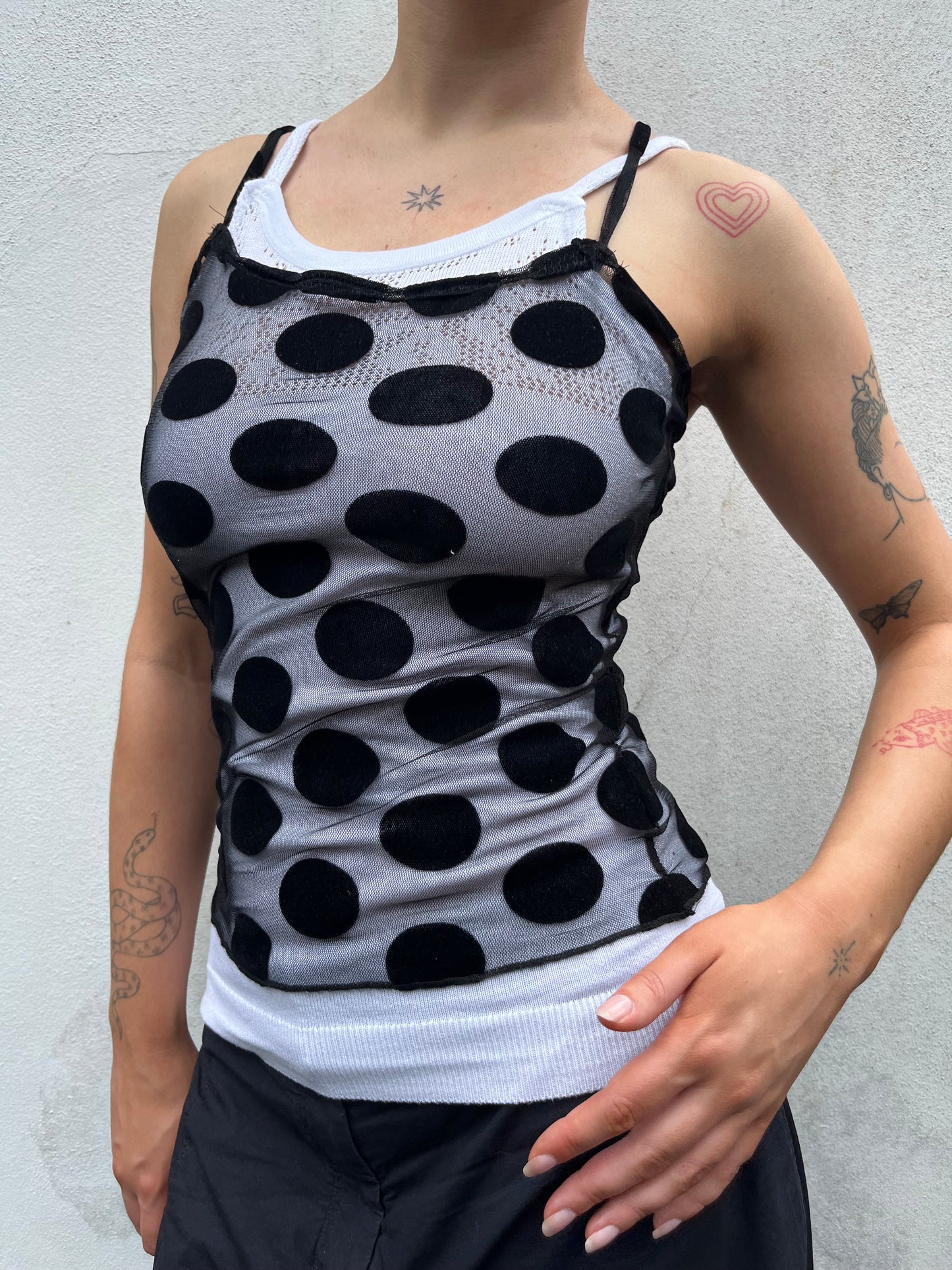 black mesh polka dot cami