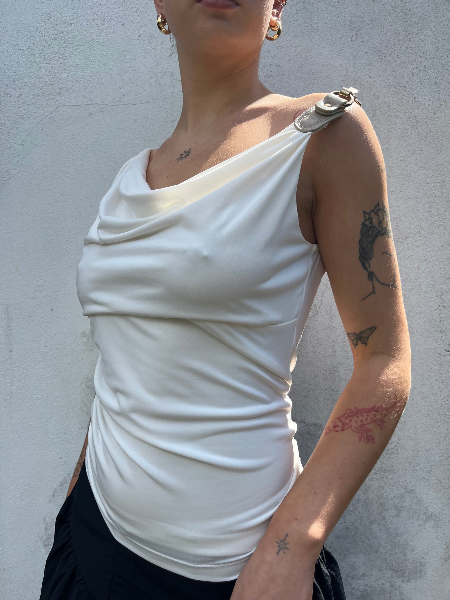white cowl neck top