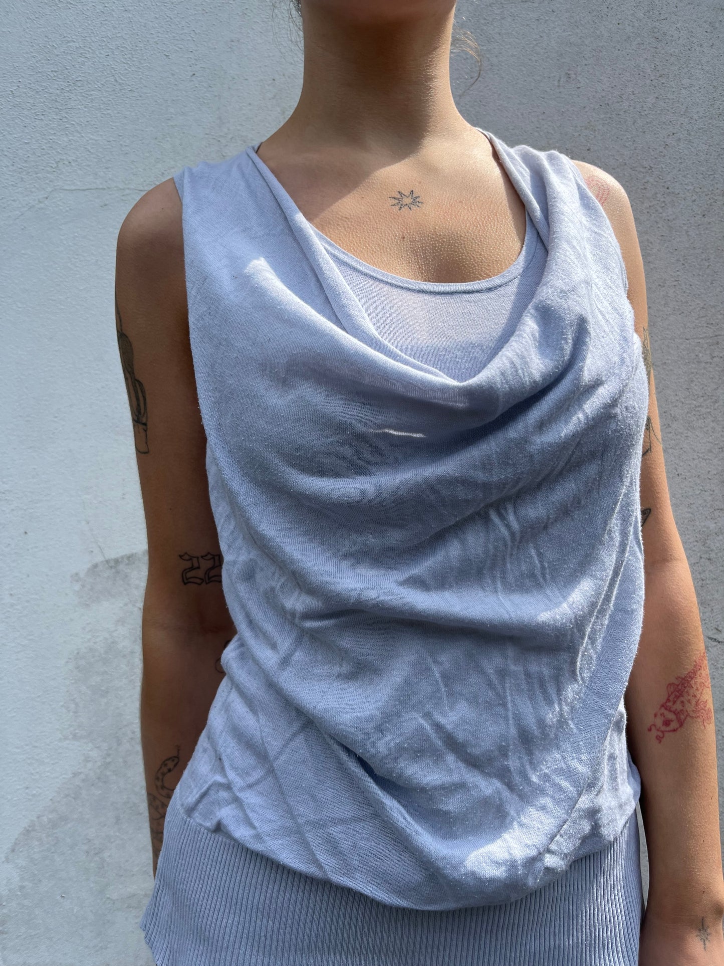 pale blue cowl neck top