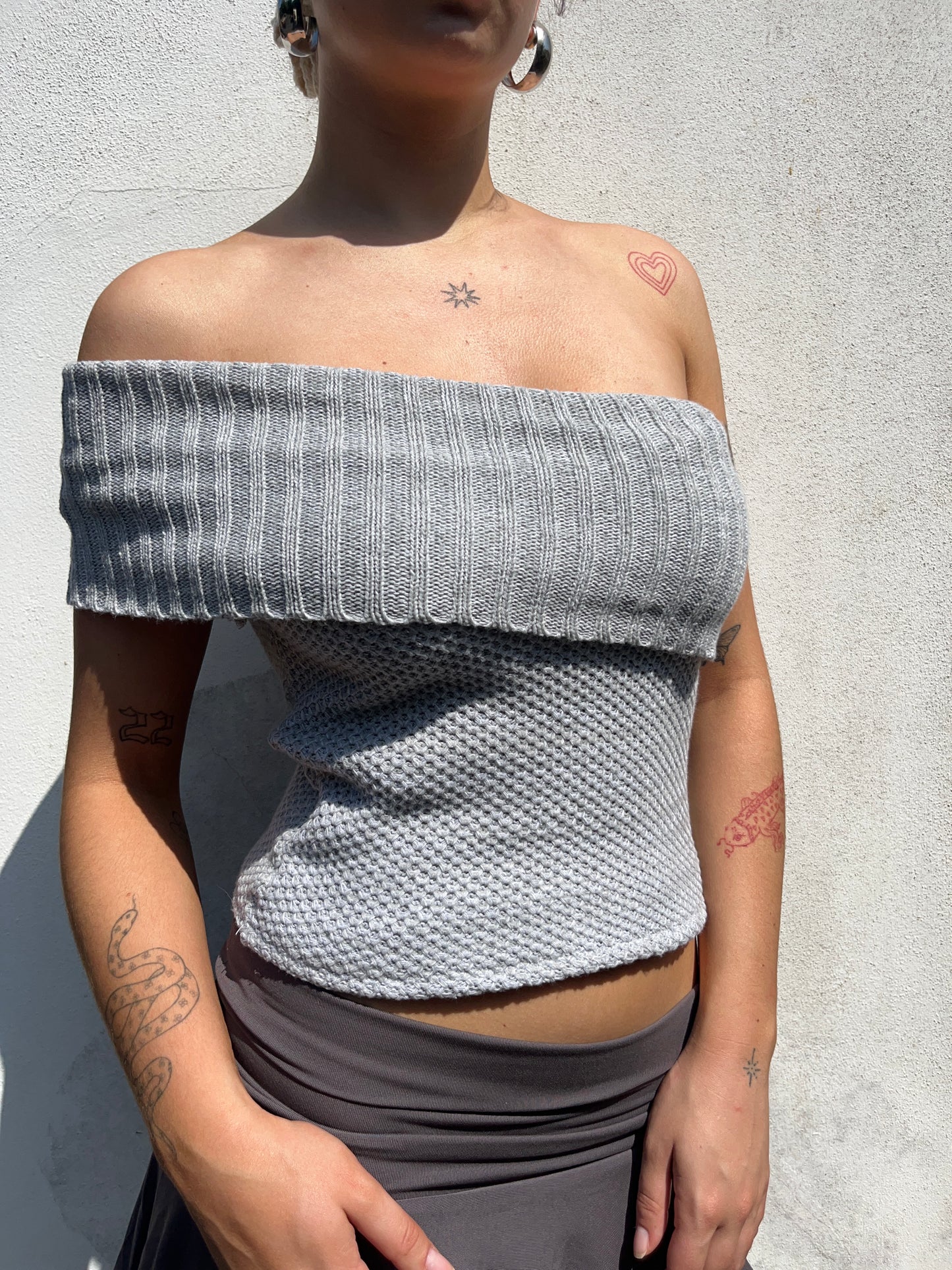 grey knit off the shoulder top