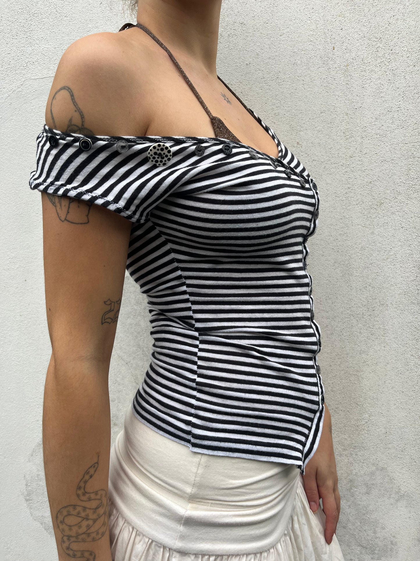 stripy asymmetric button top