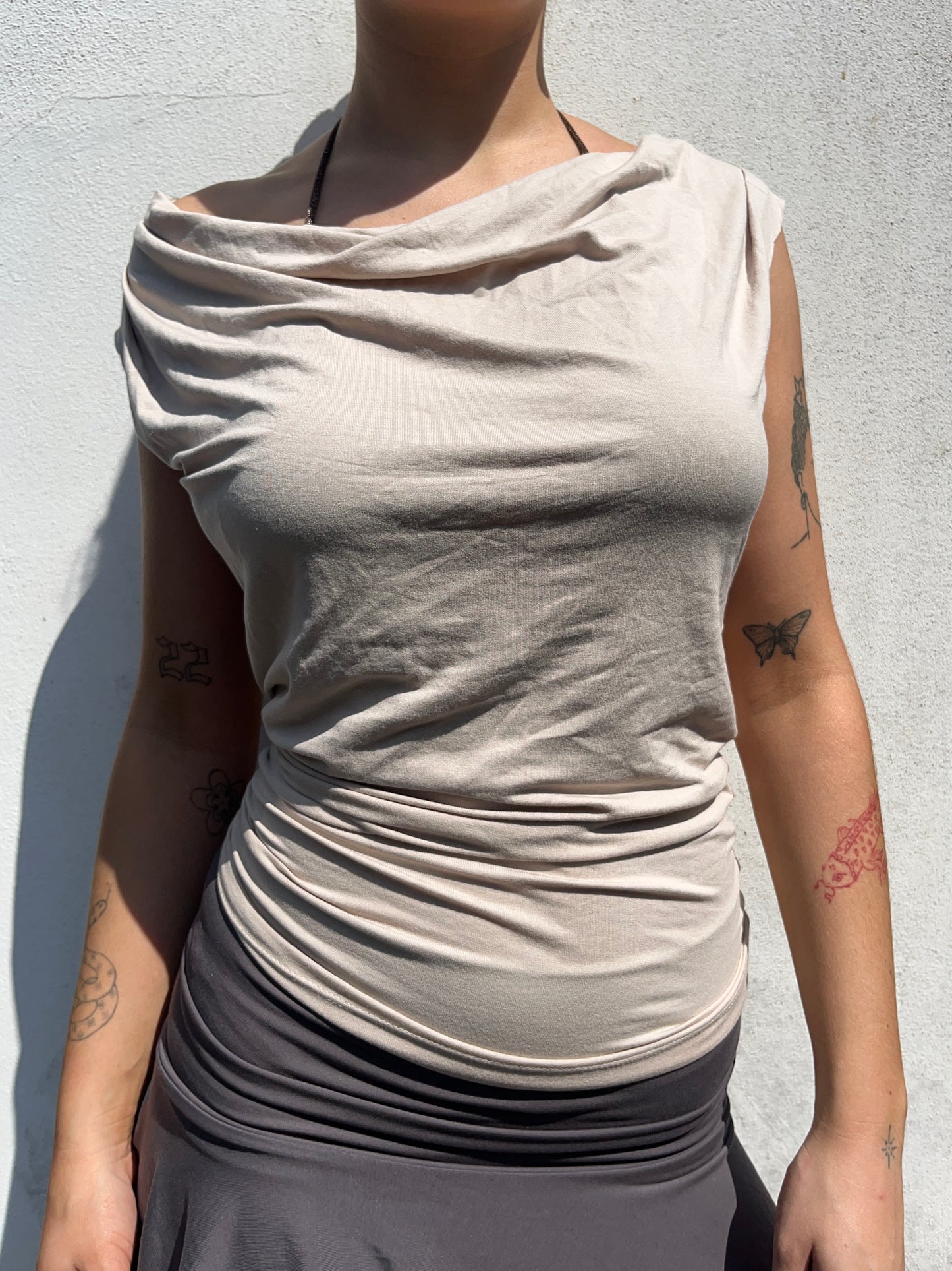 beige cowl neck top