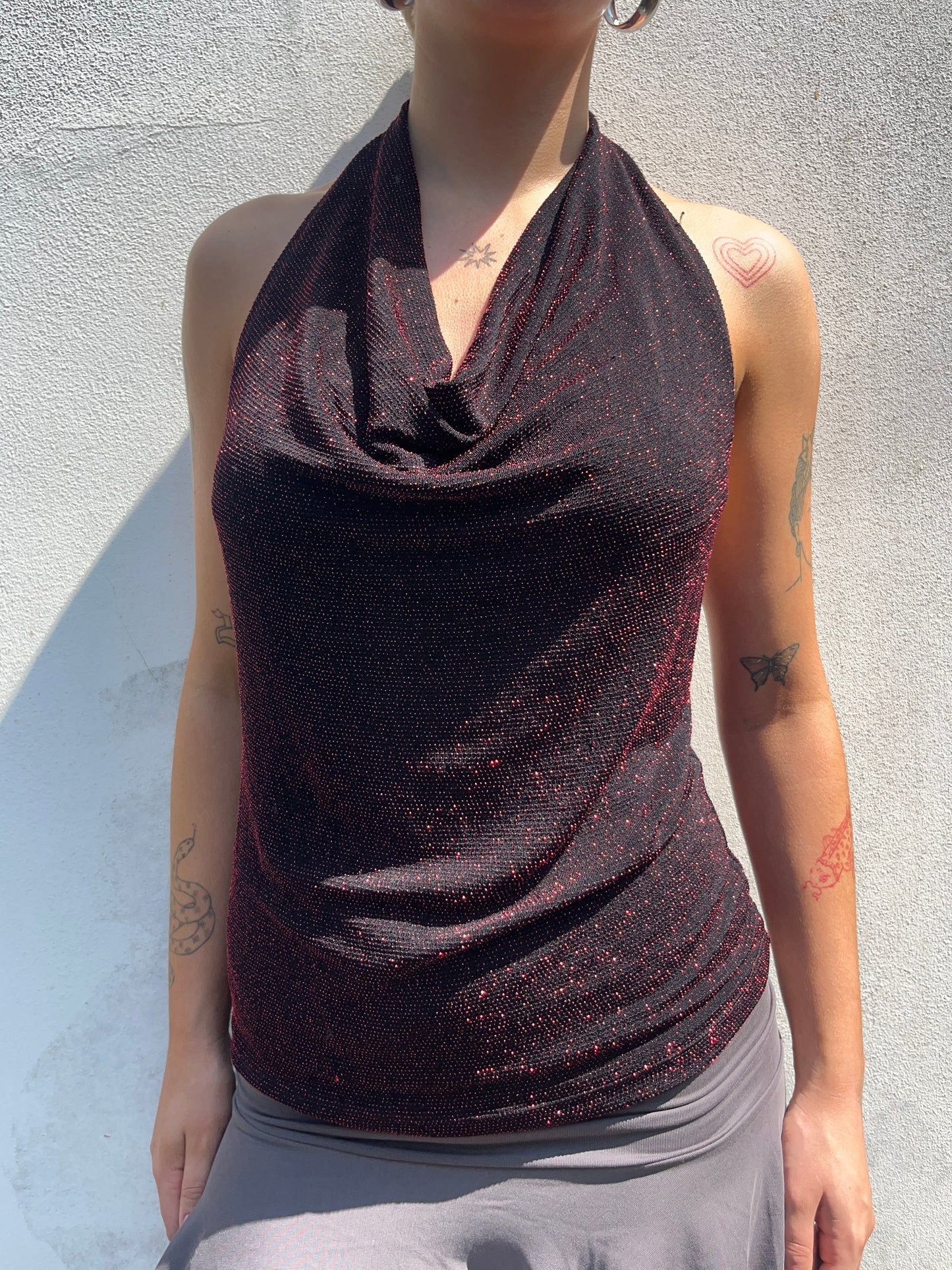sparkly red cowl neck