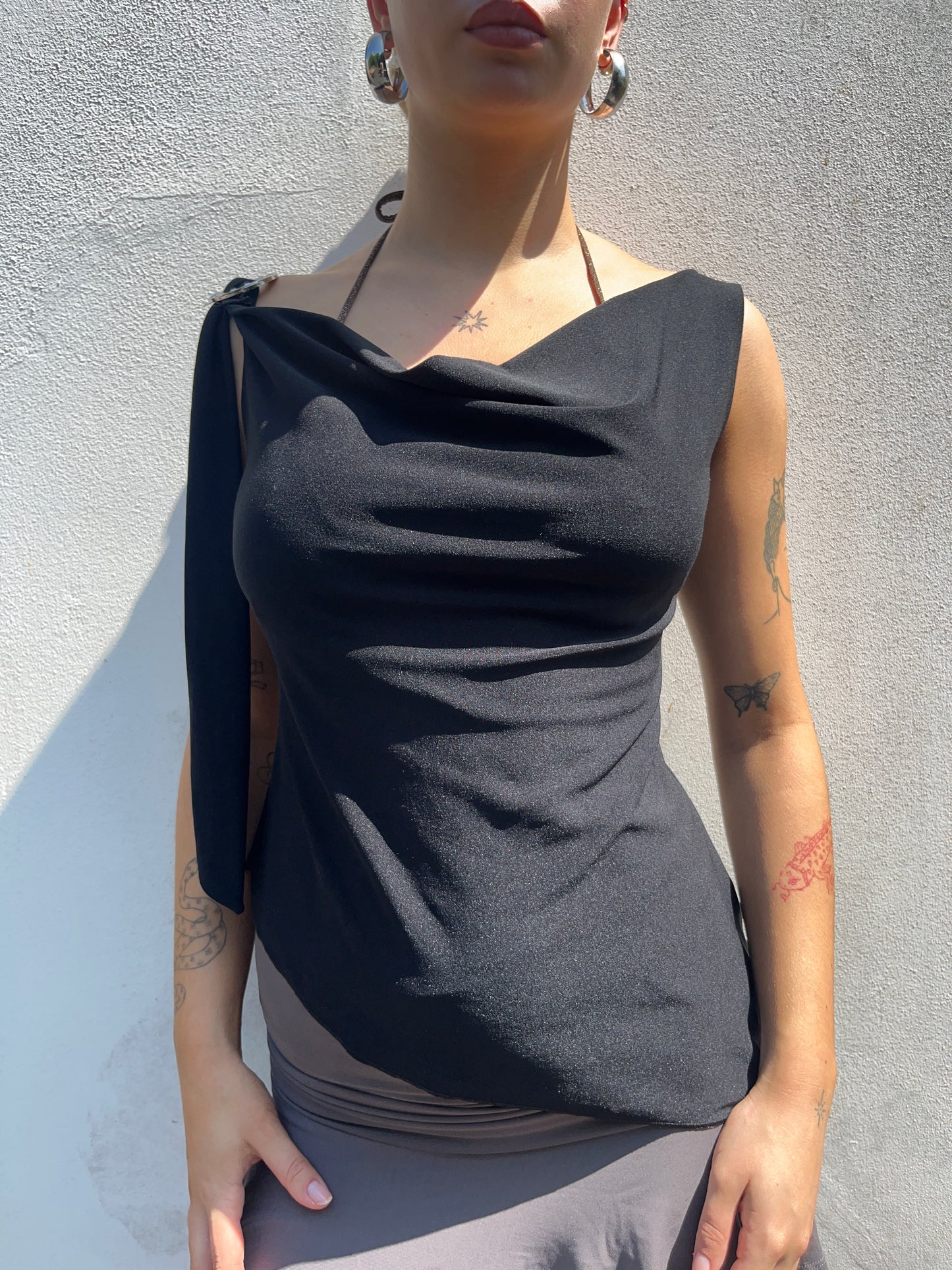 black asymmetric cowl neck
