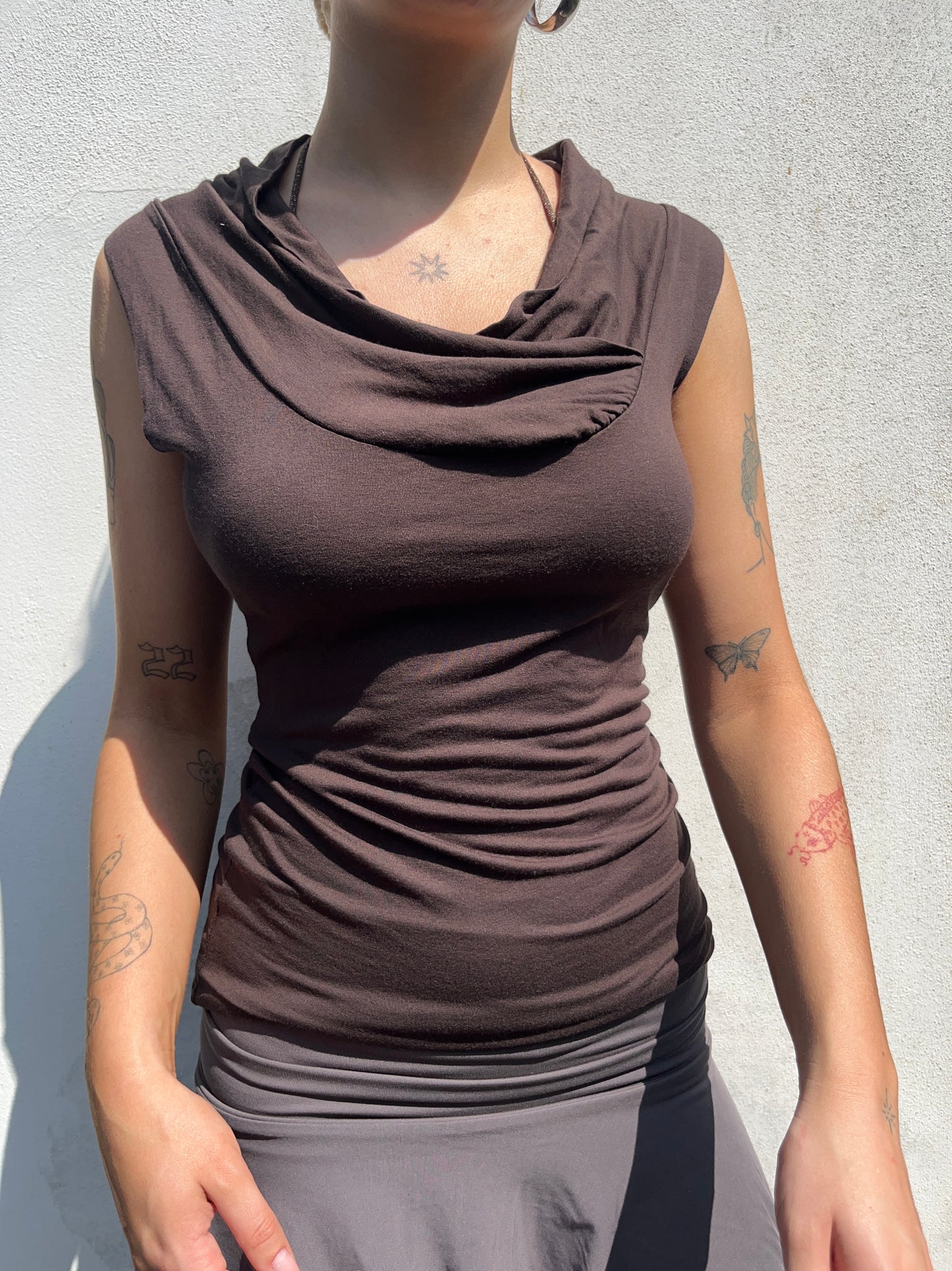brown cowl neck top