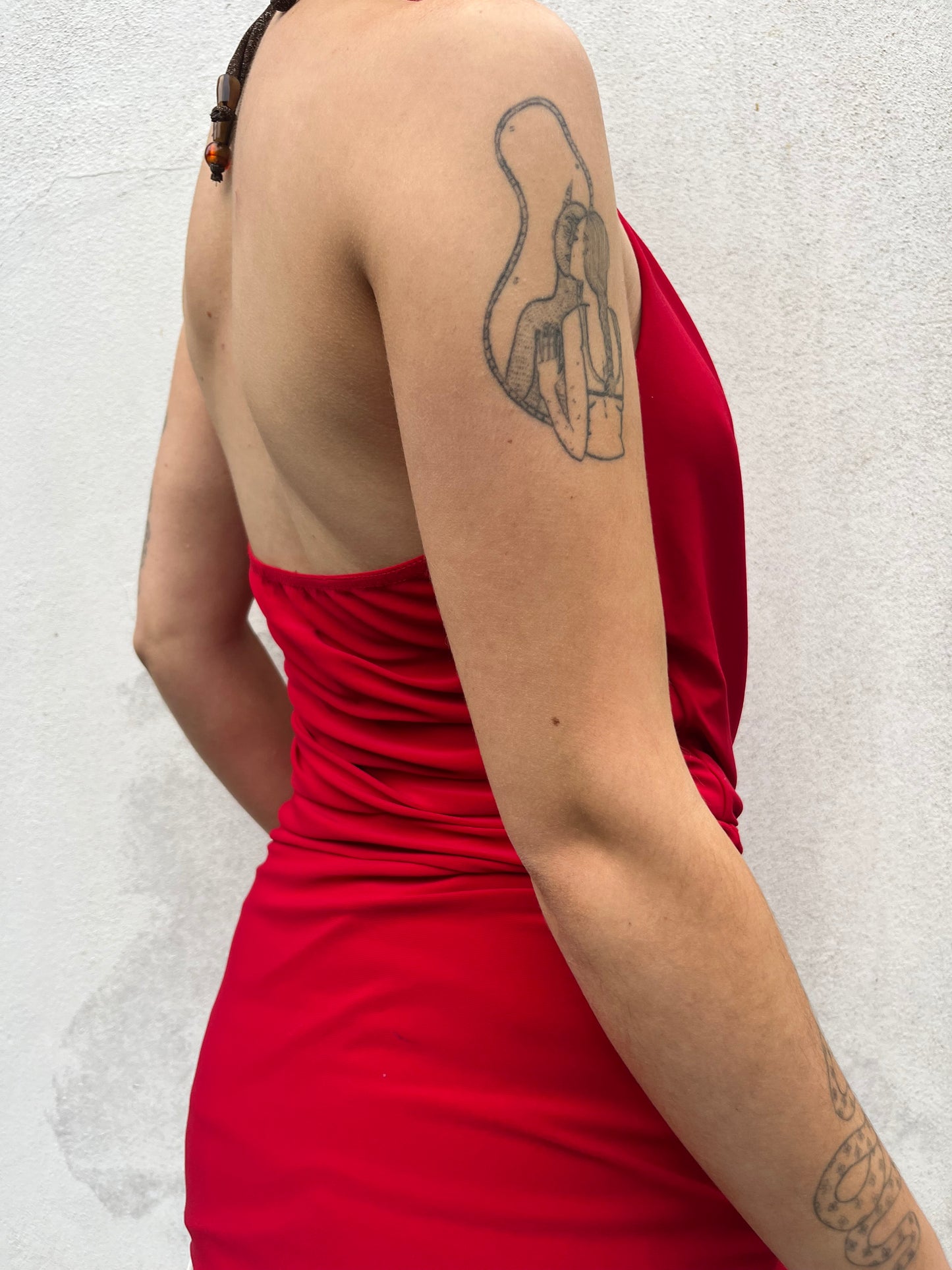 red cowl neck top
