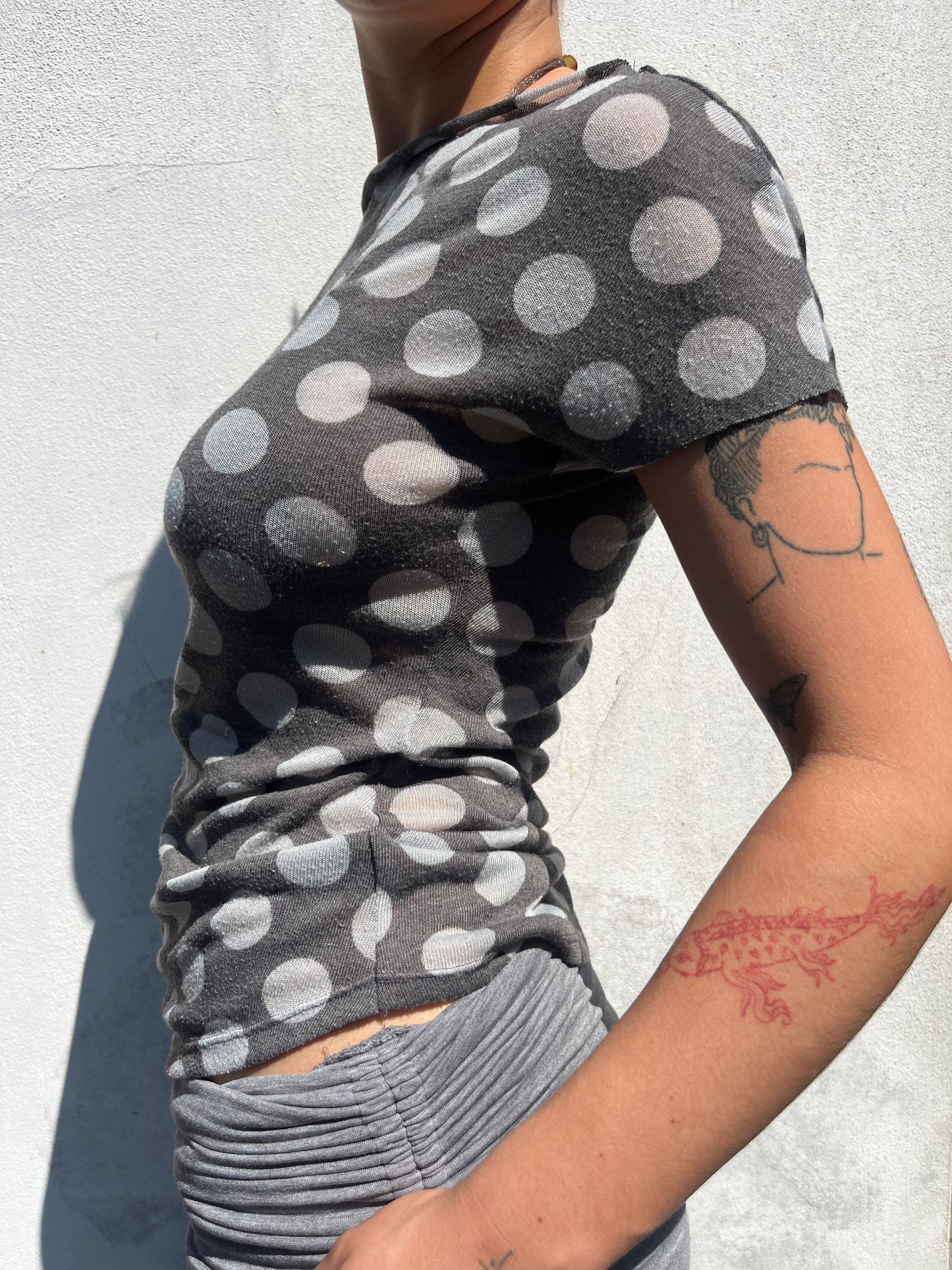 polka dot off the shoulder top in grey