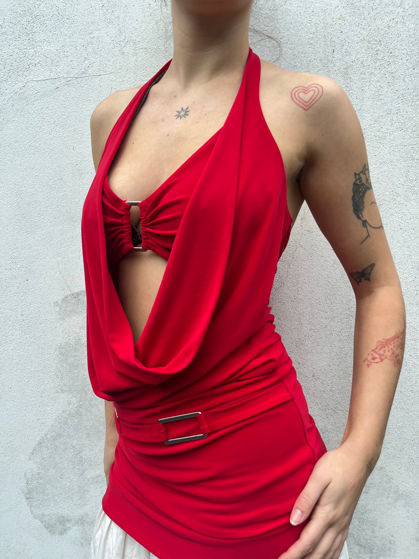 red cowl neck top
