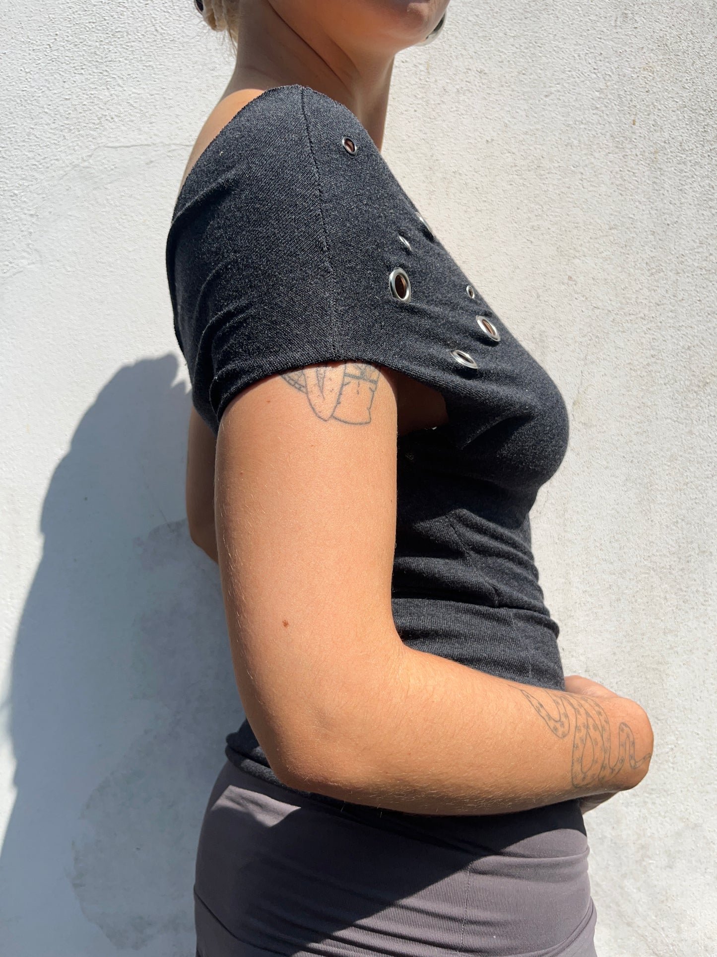 dark grey eyelet top