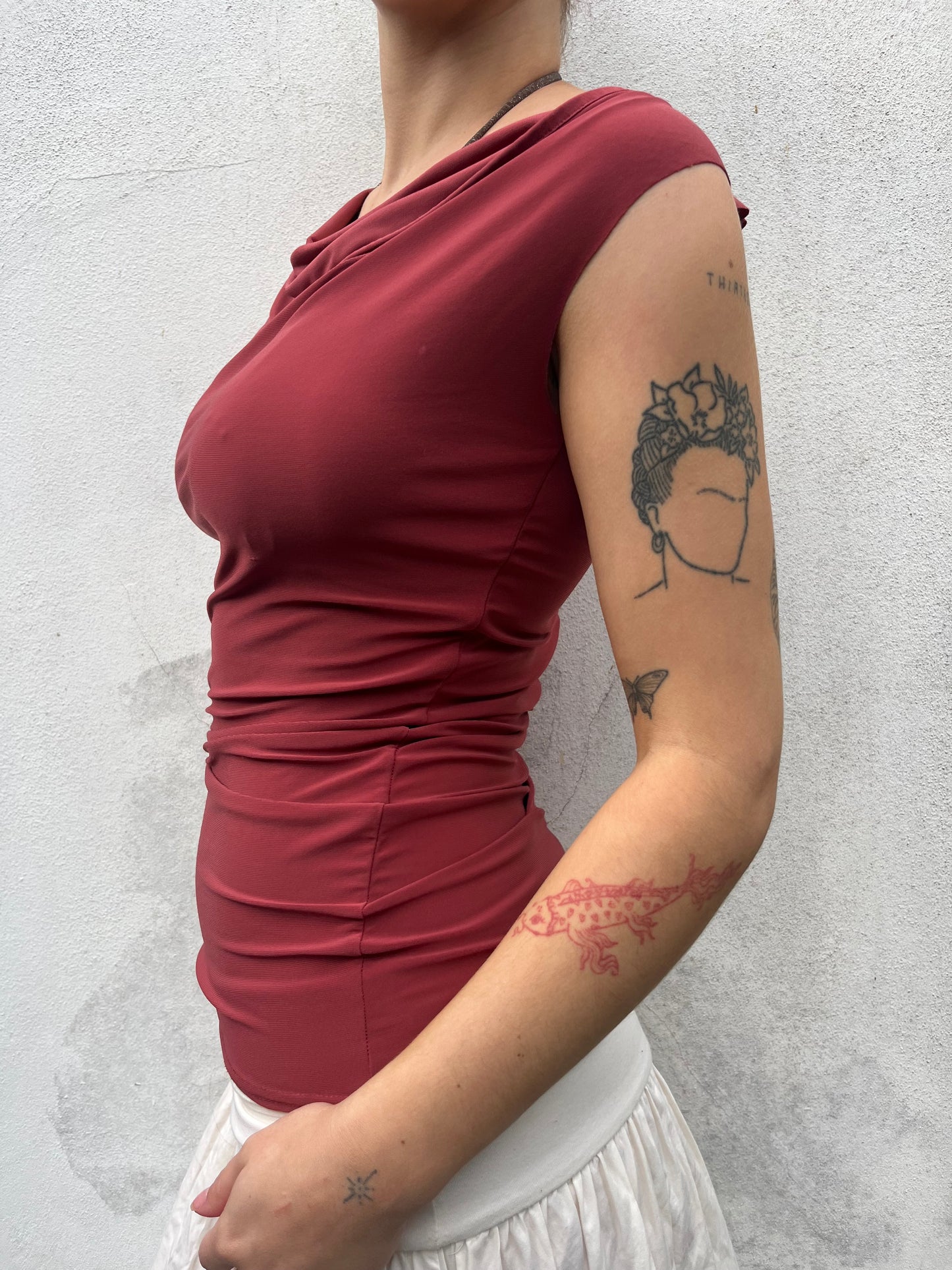 burnt orange cowl neck top