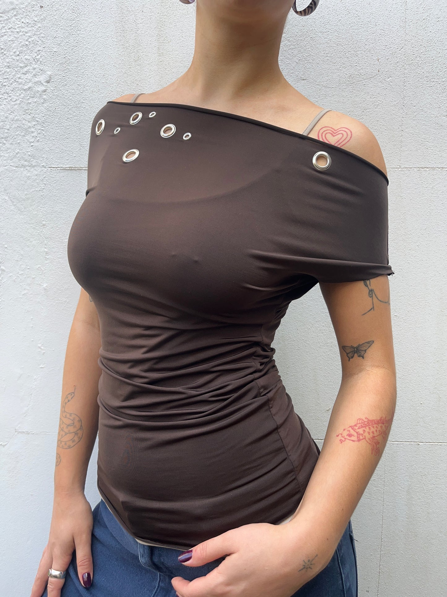 slouch eyelet top in chocolate