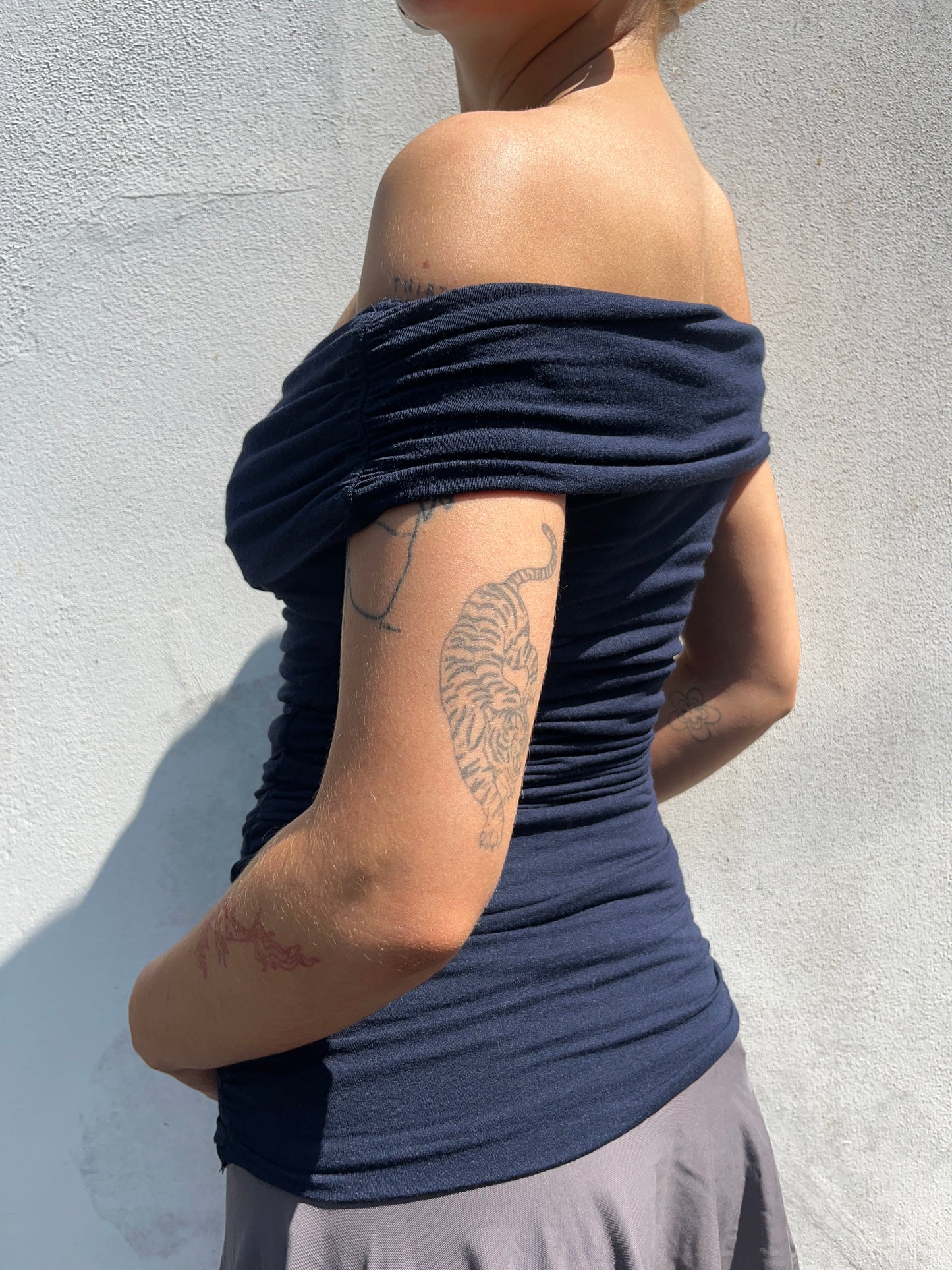navy off the shoulder top