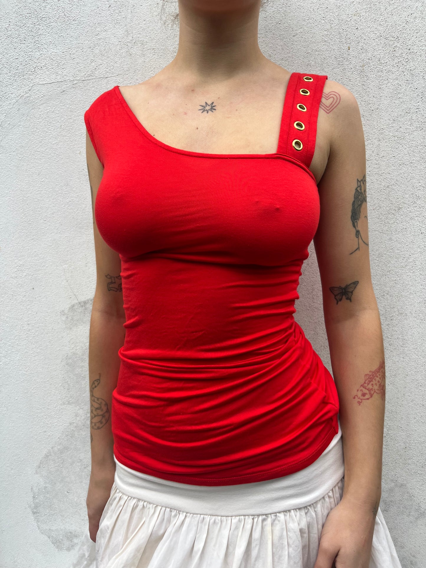 red one shoulder top