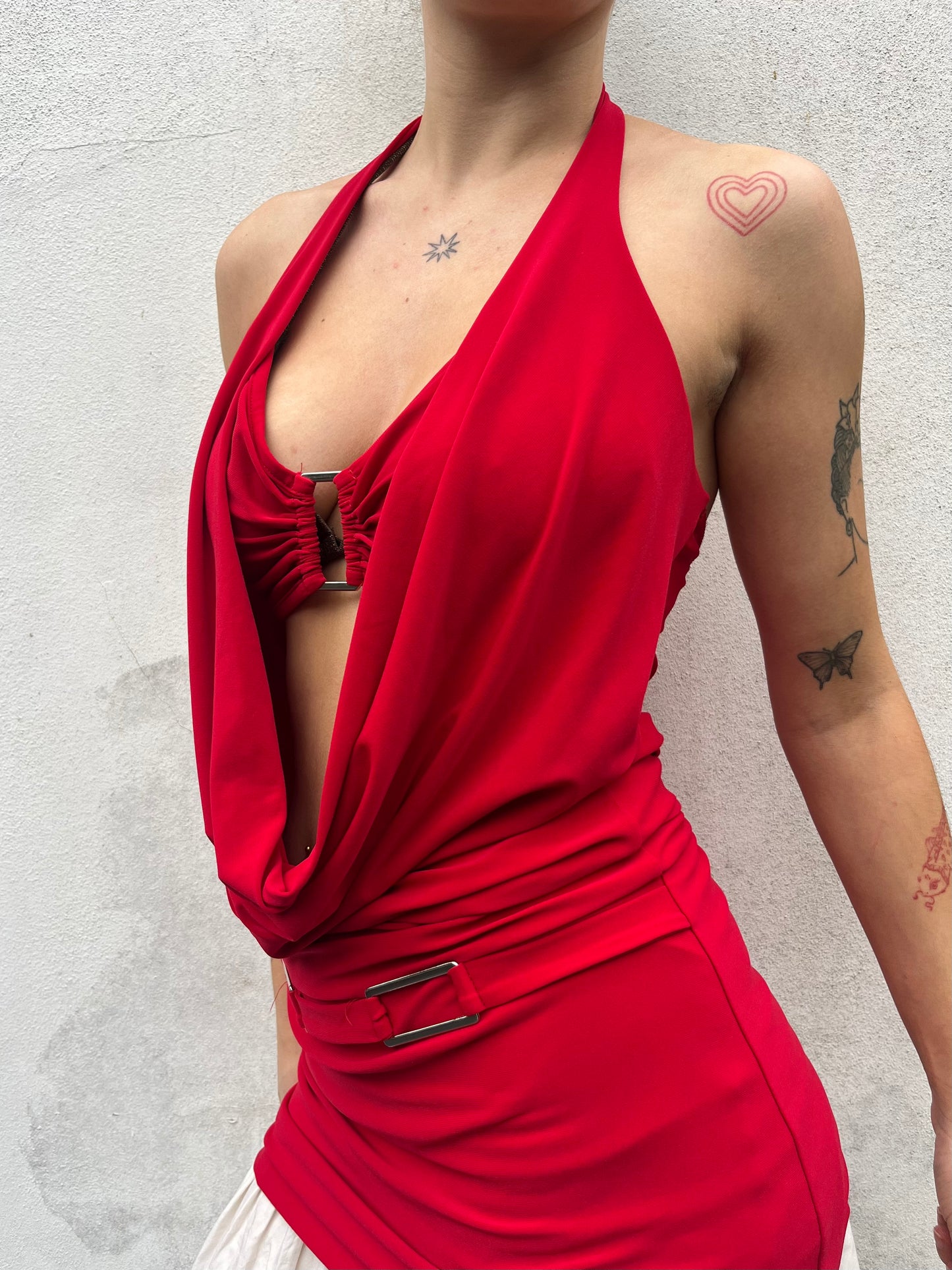 red cowl neck top