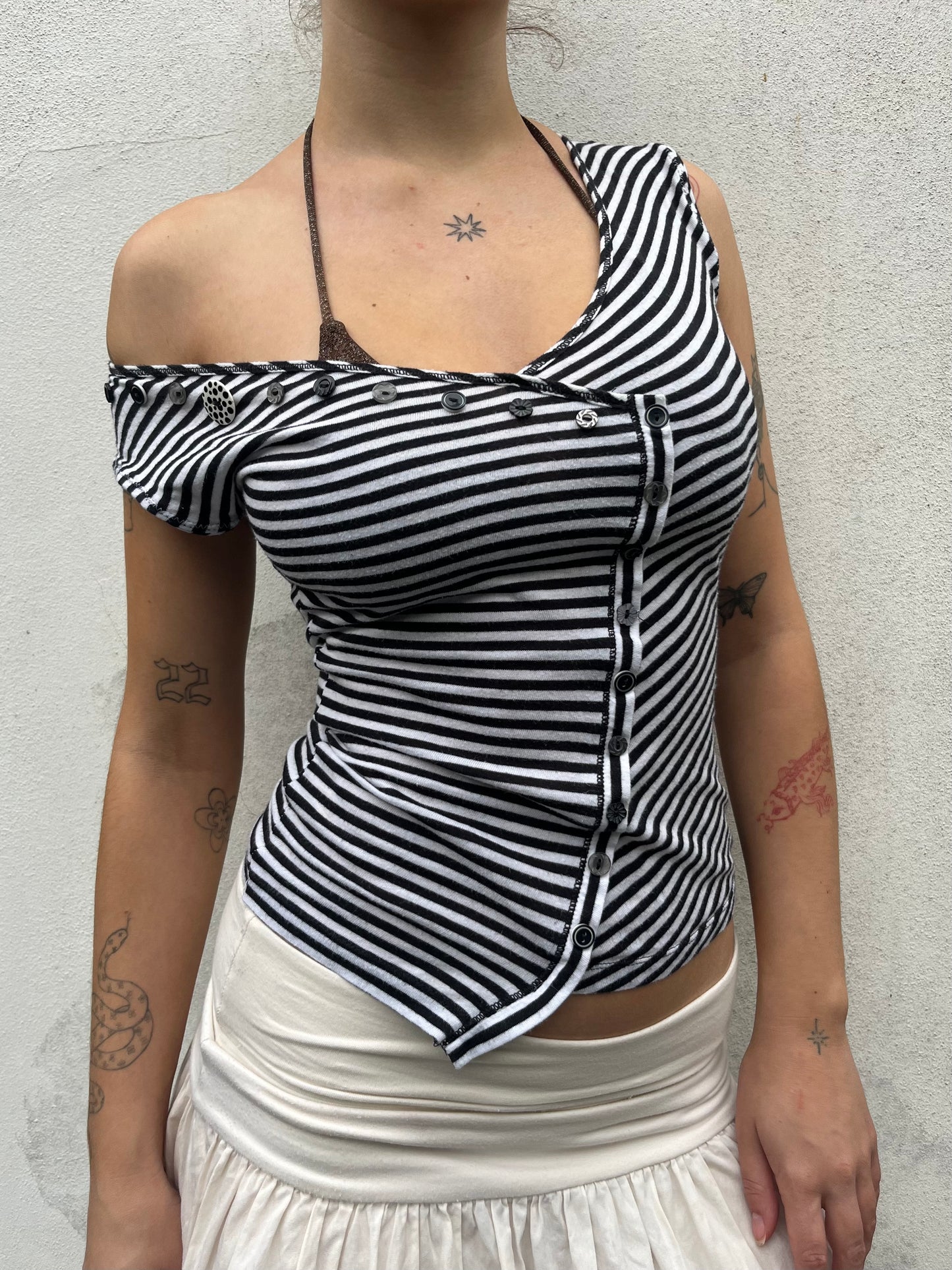 stripy asymmetric button top