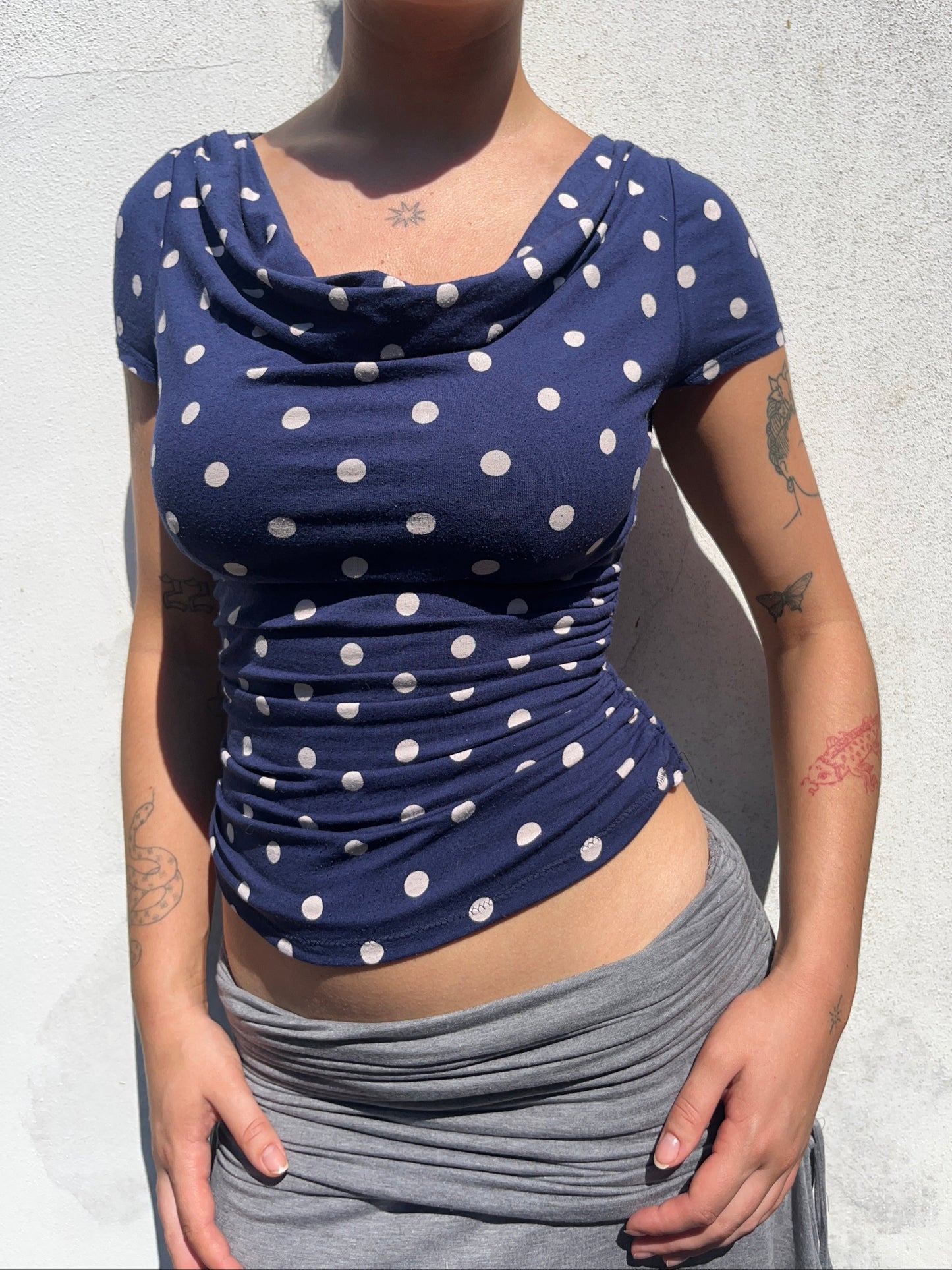 blue polka cowl neck top