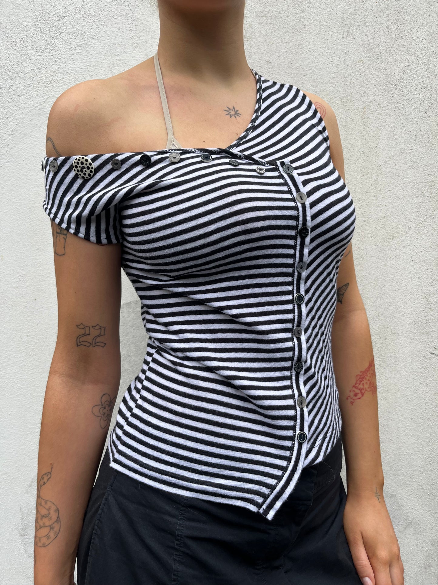 stripy asymmetric button top