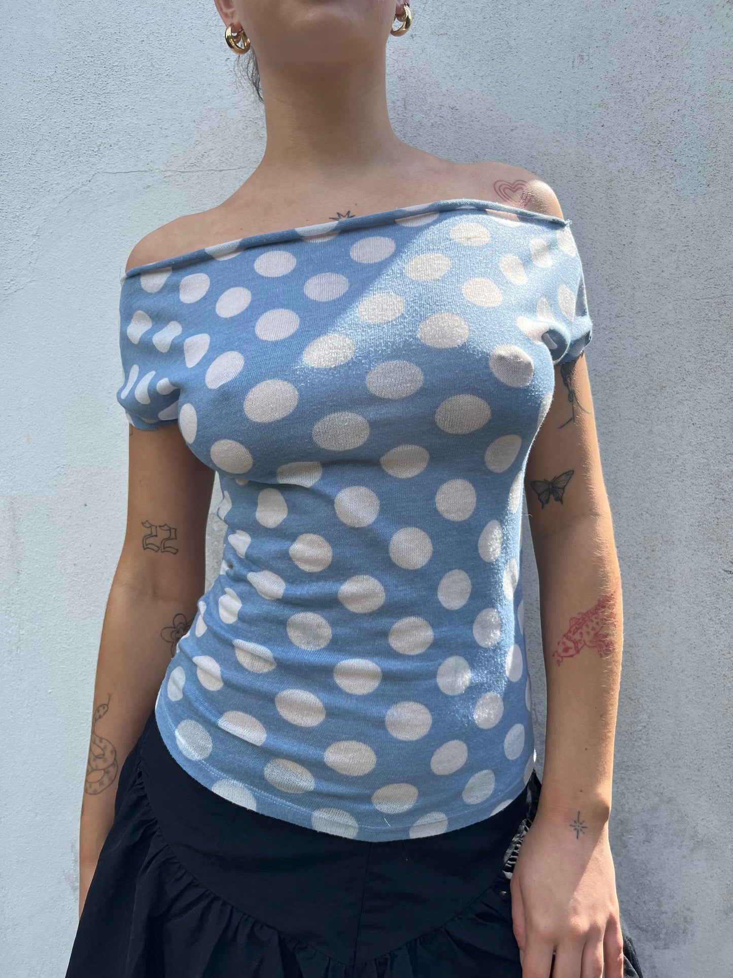 polka dot off the shoulder top in blue