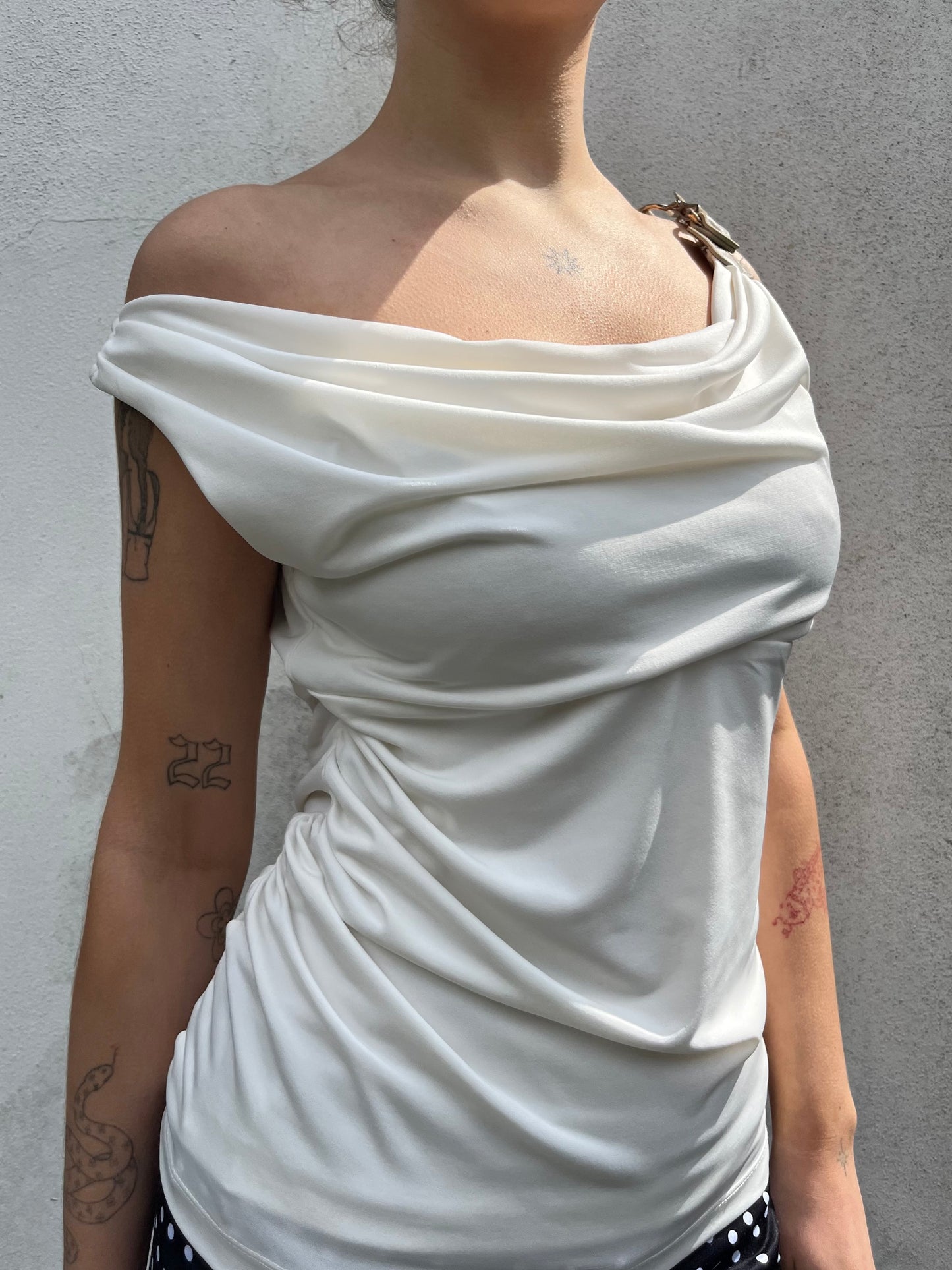 white cowl neck top