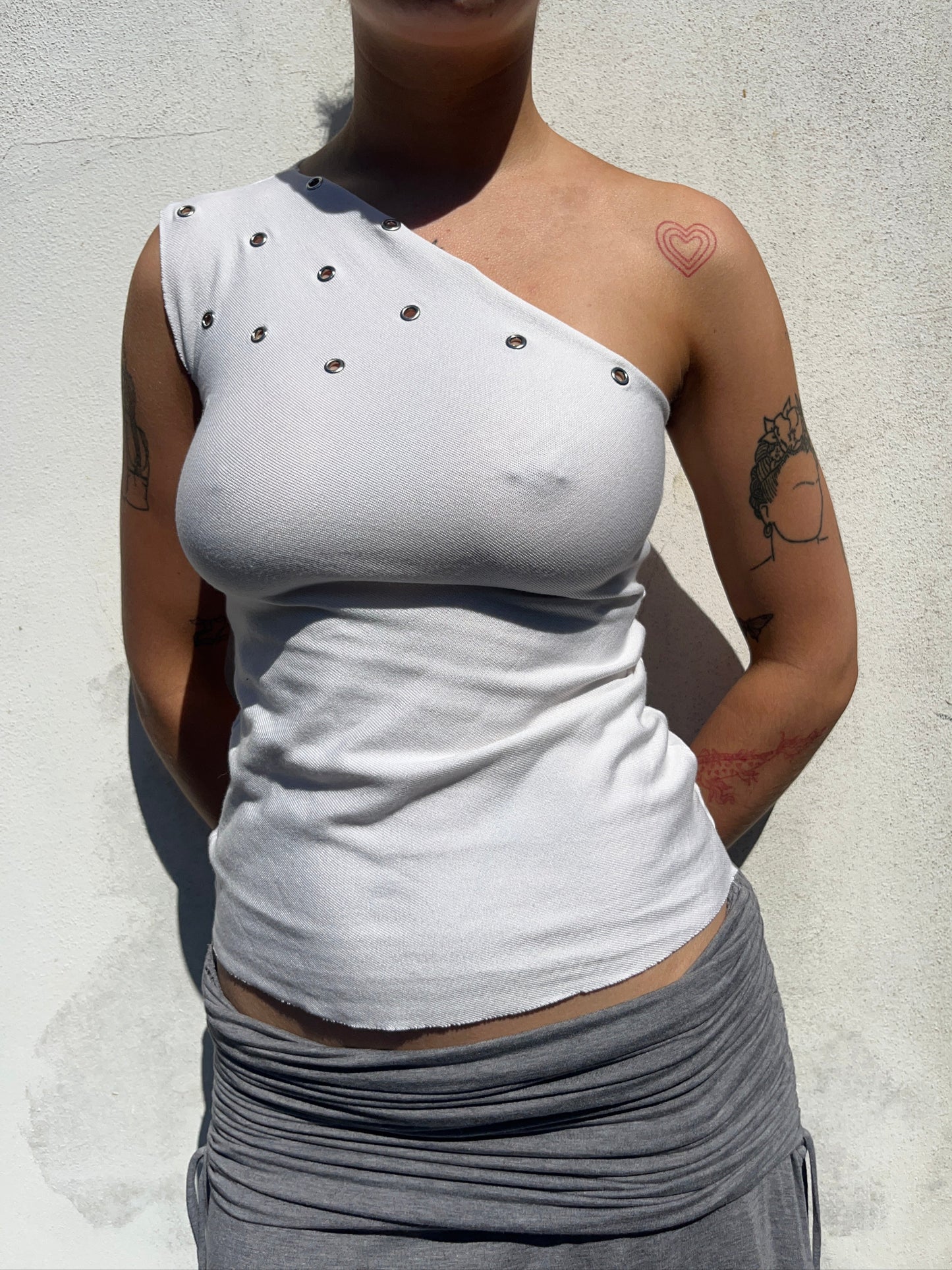 white eyelet one shoulder top