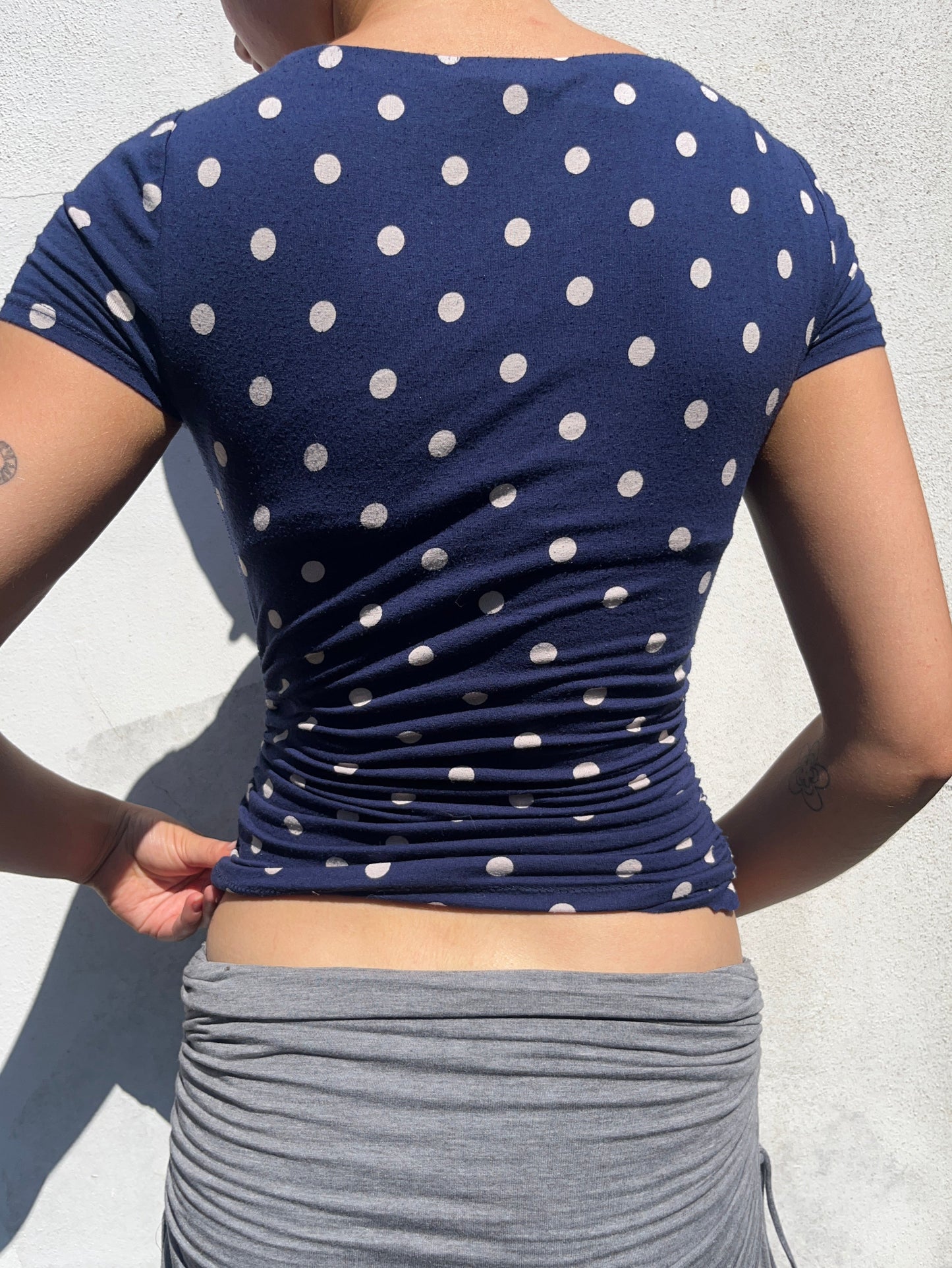 blue polka cowl neck top