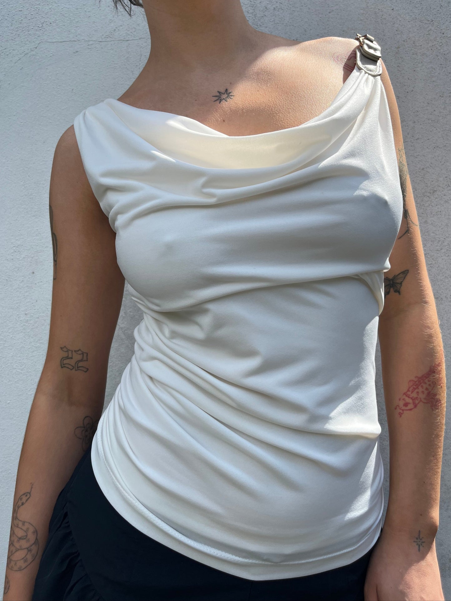 white cowl neck top