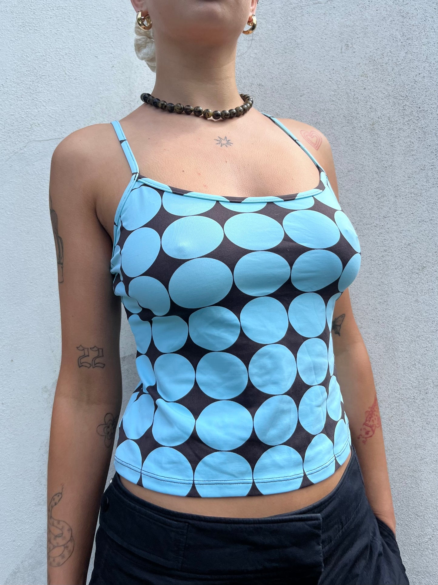 blue and brown polka dot cami